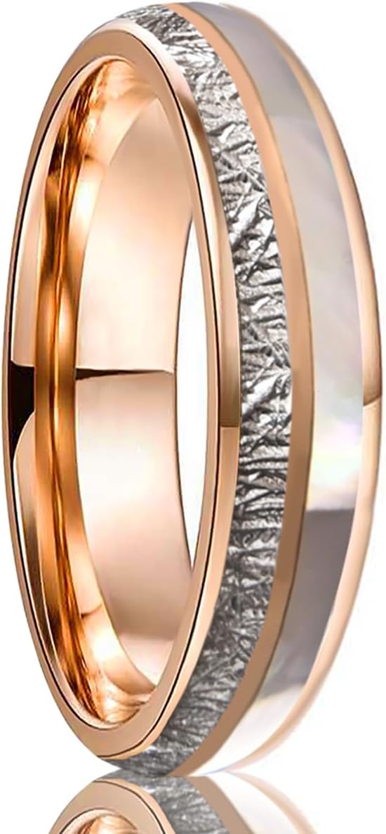 Tungsten Carbide Rings for Men Women 8mm/6mm Silver and Rose Gold Inlaid Meteorite and Shell, Men's Engagement Wedding Bands High Polished