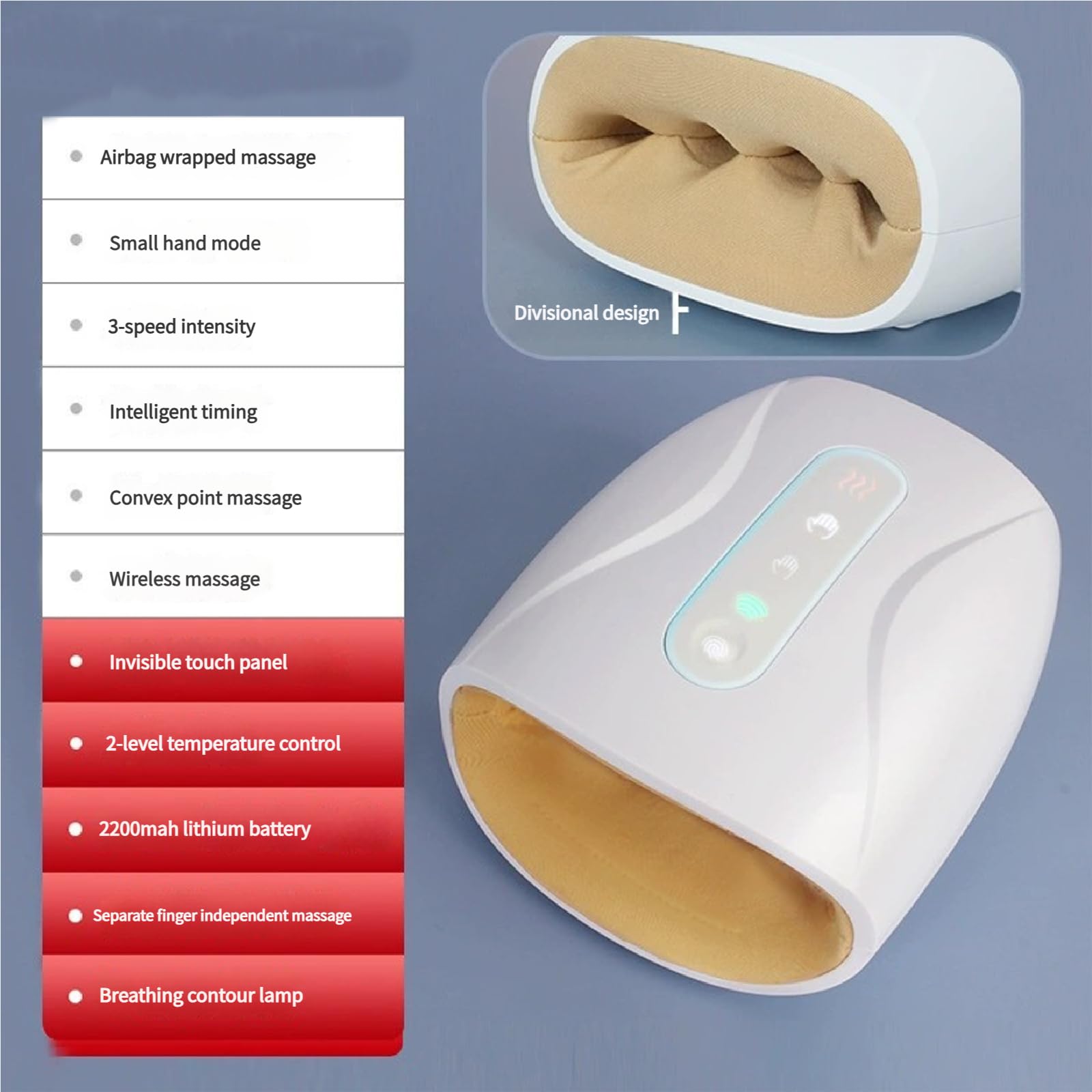 Masajeador de Manos inalámbrico con máquina de Calor, Masaje multinivel, diseño con división de Dedos, 2 Niveles de Control de Temperatura, Agarre para Padres