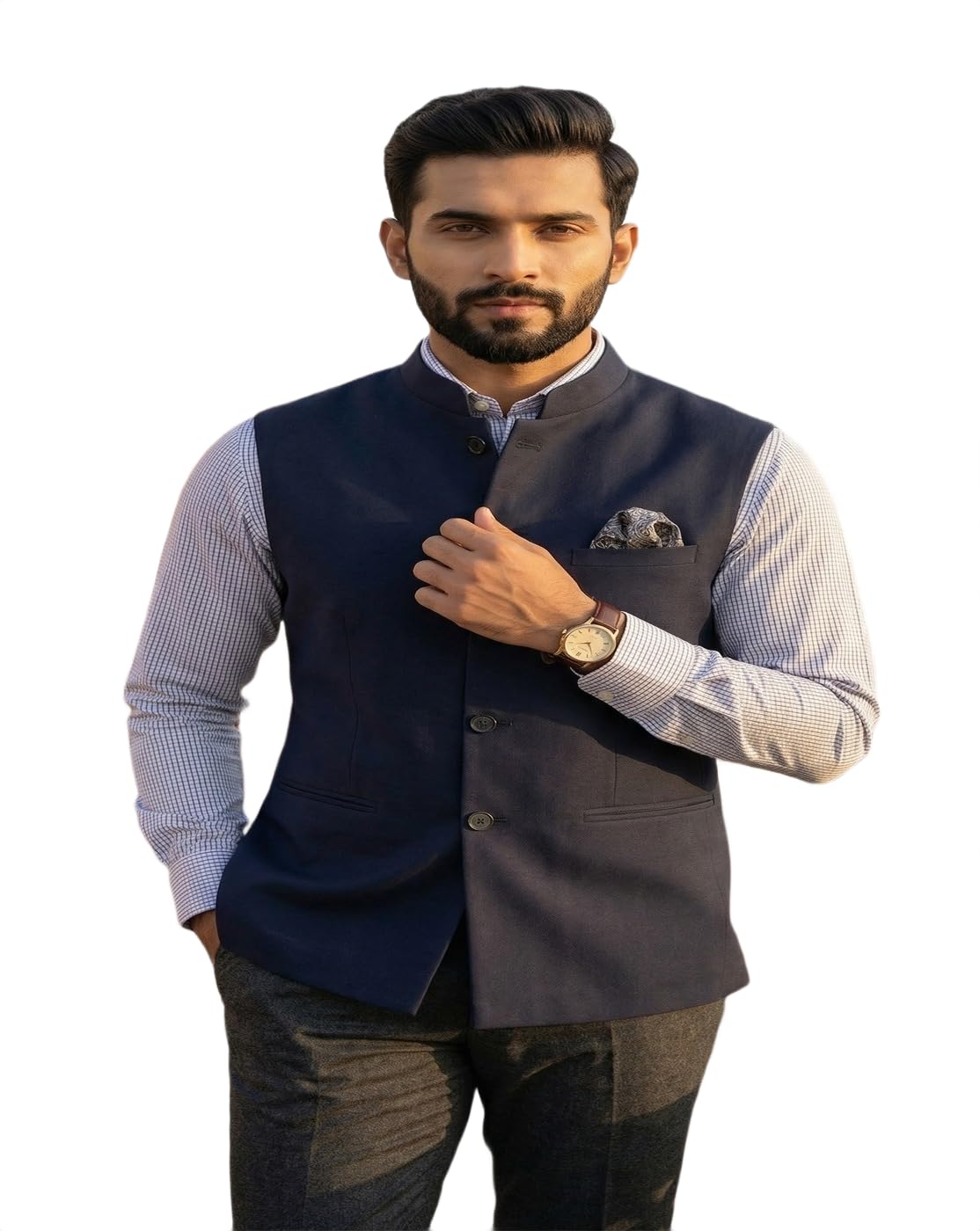 moonxs Men's Premium Navy Blue Cotton Silk Nehru Jacket | Traditional Indian Ethnic Modi Jacket Waistcoat for Weddings, Festivals & Formal Events | Slim Fit Sleeveless Bundi-picture-30