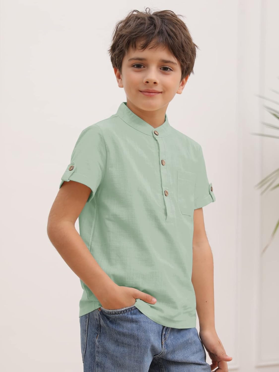 Boys Short Sleeve Henley Shirt Button Up Linen Cotton Dress Shirts Tees Tops with One Pocket - Image 6