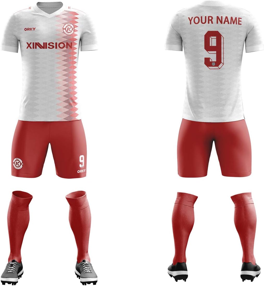 ORKY Men Soccer Jersey with Short, Customize Name Number Team Outfit, Custom Made Football Tournament Uniform Strive