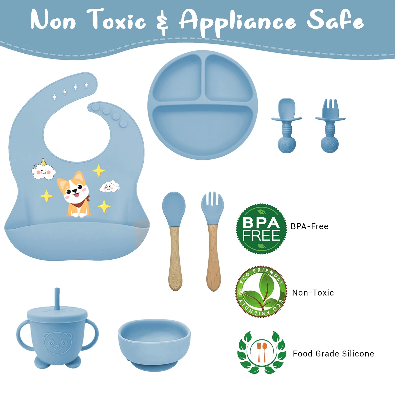 Ensemble repas bébé 9 pièces – Assiette et bol ventouse silicone, couverts, tasse d’apprentissage, bavoir & tablier manches longues – Set DME diversification alimentaire – anti-renversement, lave-vais