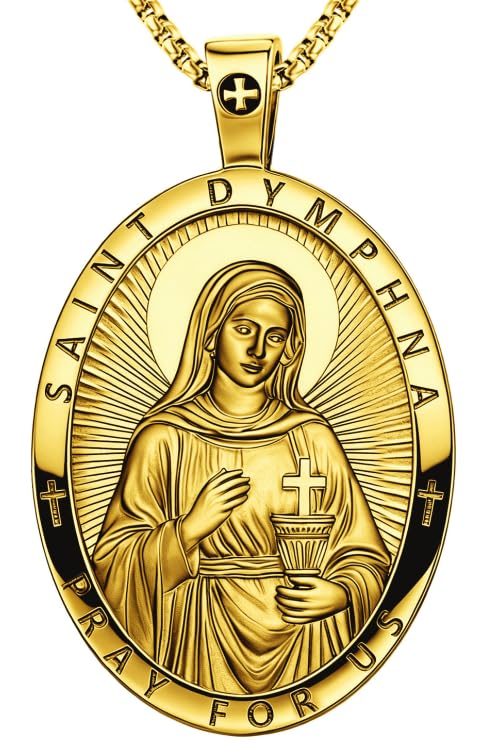 Saint Dymphna Anxiety Protection Pendant Necklace Copper Plated Real Gold/Platinum Religious Charm with Engraved Prayer 19.69 Inch Chain Hypoallergenic Patron Saint of Anxiety Jewelry Gift Box Included (St Dymphna Anxiety Neck Pend - Gold)