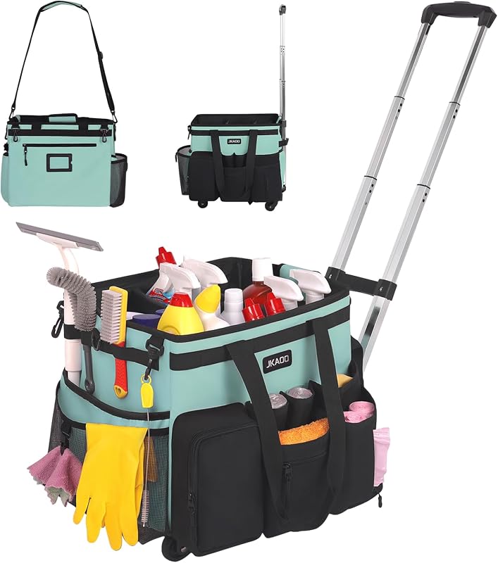 JKAOO Large Rolling Cleaning Caddy Bag with Detachable Trolley, Blue-Green | Waterproof Cleaning Caddy with Wheels, 40L Wheeled Organizer Cart for Supplies, Housekeepers, Home, Office, Car, Picnic