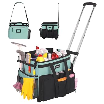 JKAOO Large Rolling Cleaning Caddy Bag with Detachable Trolley, Waterproof Cleaning Caddy on Wheels for Housekeepers, Cleaning Cart Supplies Organizer for Home,Car,Office,Picnic Blue-Green Patent