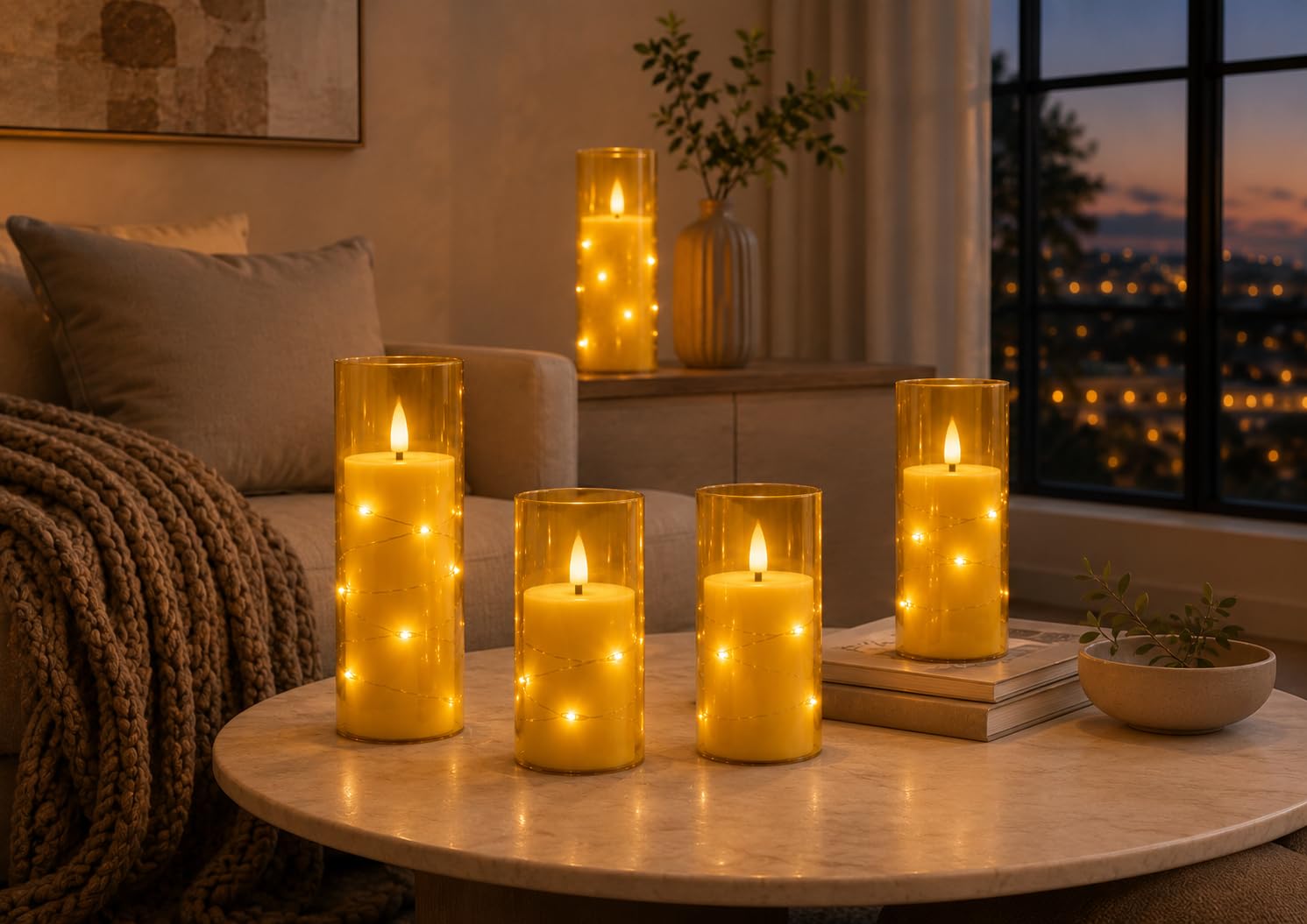 Da by 5 Candele LED Champagne con Luci Fatate Avvolgenti, Copertura Vetro Trasparente, Fiamma Tremolante Realistica, Resistenti al Caldo, 1 Telecomando per Decorazioni Interno ed Esterno