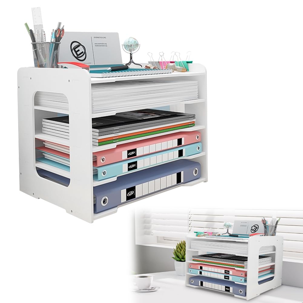 DANNEEFORSU7 Desk File Organiser, 5-Tier A4 Paper Letter Tray Organiser, Office Desktop Tidy, Document Holder A4 Paper Magazine Storage Trays for Home Office School Classroom Supplies