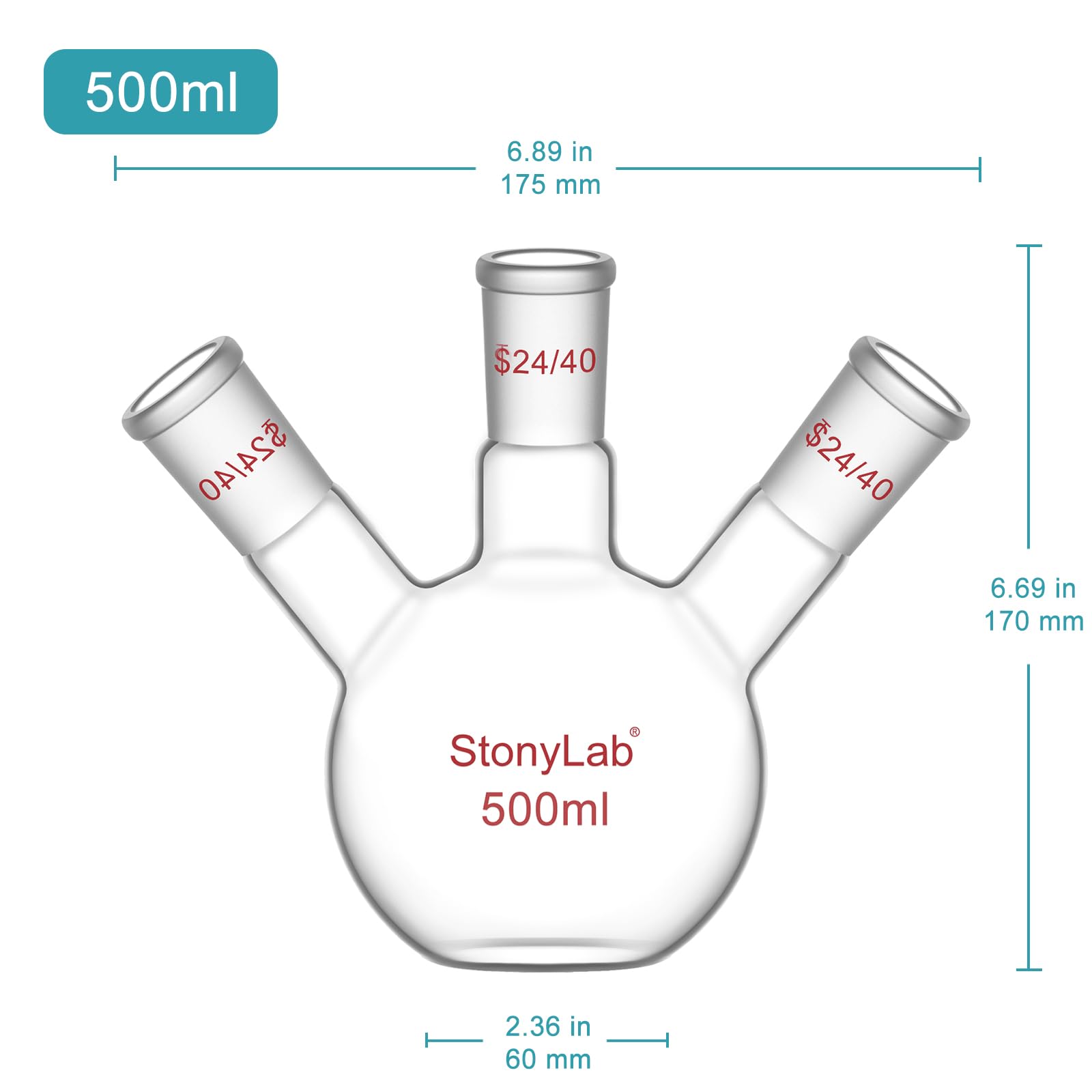 stonylab Fiole à Fond Plat à 3 Cols, Verre Borosilicate, Joint Standard 24/40, Fiole de Réaction de Laboratoire de Chimie, Capacité 500 ml