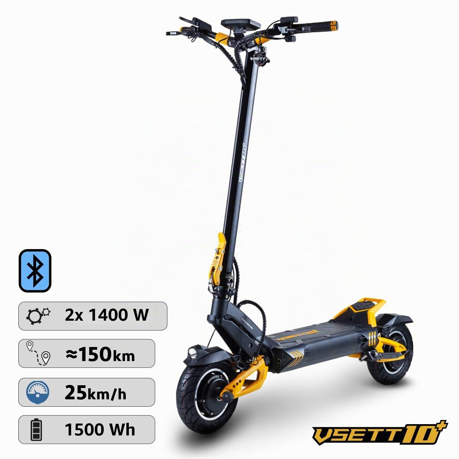 VSETT Trottinette Electrique 10 Plus Super, 2 Moteurs 1400W, Autonomie jusqu'à 150km, 25 KM/H, Ecran LED 5x5, Tout Terrain, Noir et Jaune