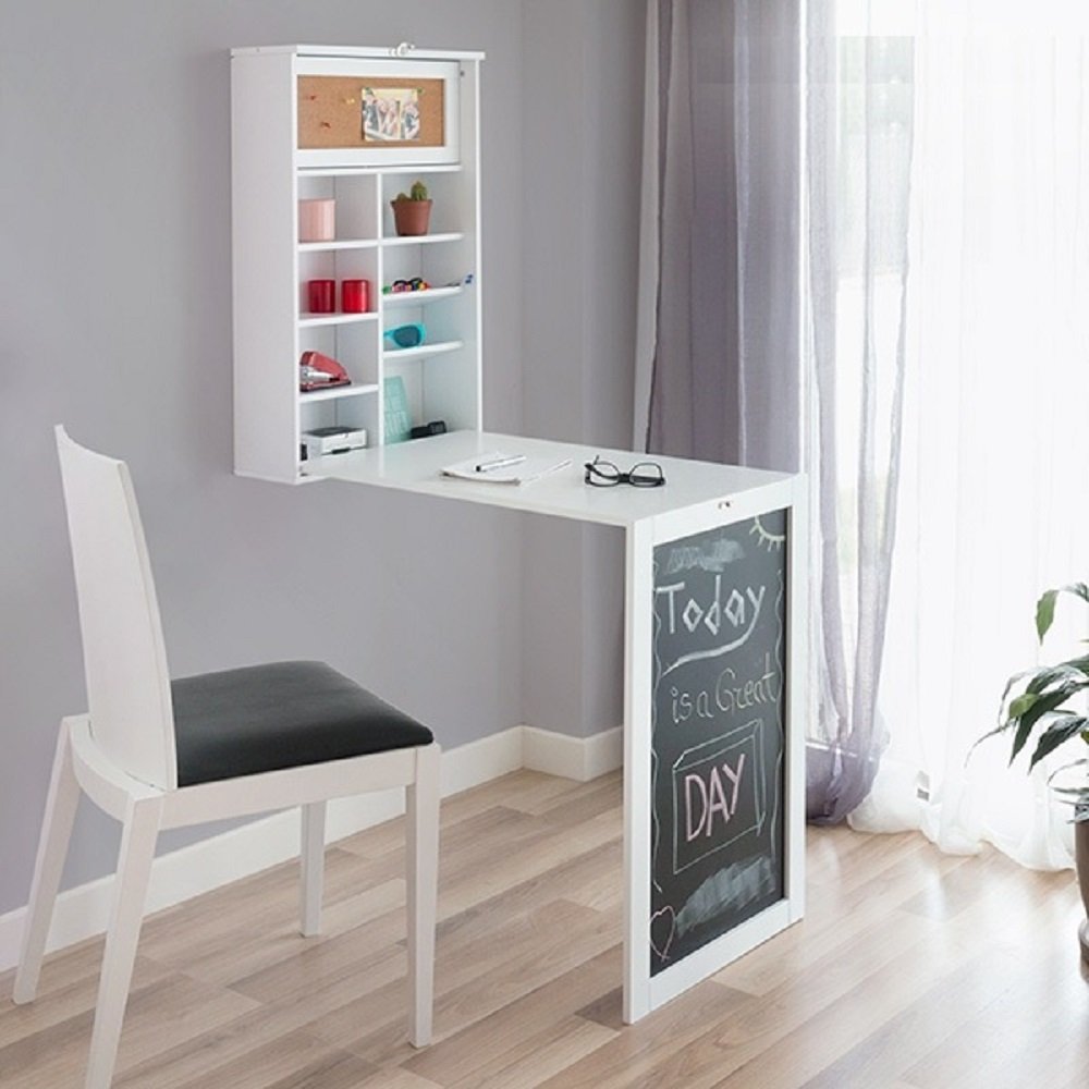 Bureau Mural Pliable en Bois Blanc avec Ardoise et Panneau Liège 50x80x18 cm (plié) 50x155x93 cm (déplié)