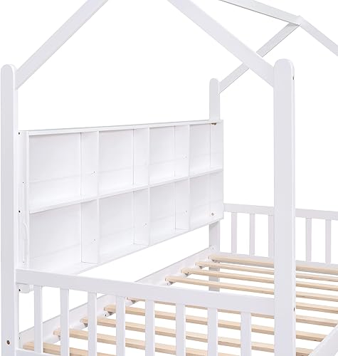 Miniatura 8 de Cama moderna de tamaño individual para niños, con 2 cajones y estante de almacenamiento, marco de cama de plataforma de madera maciza con cabecero,