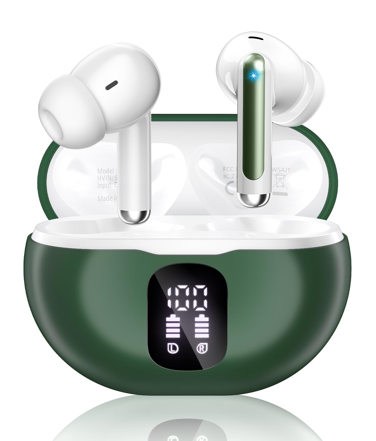 Wireless Earbuds, Bluetooth 5.4 Headphones HiFi Stereo, Ear Buds with 50H Playback, LED Display Wireless Earphones Clear Calls, IP7 Waterproof, Bluetooth Earbuds for Laptop/Phones/Sports, Green