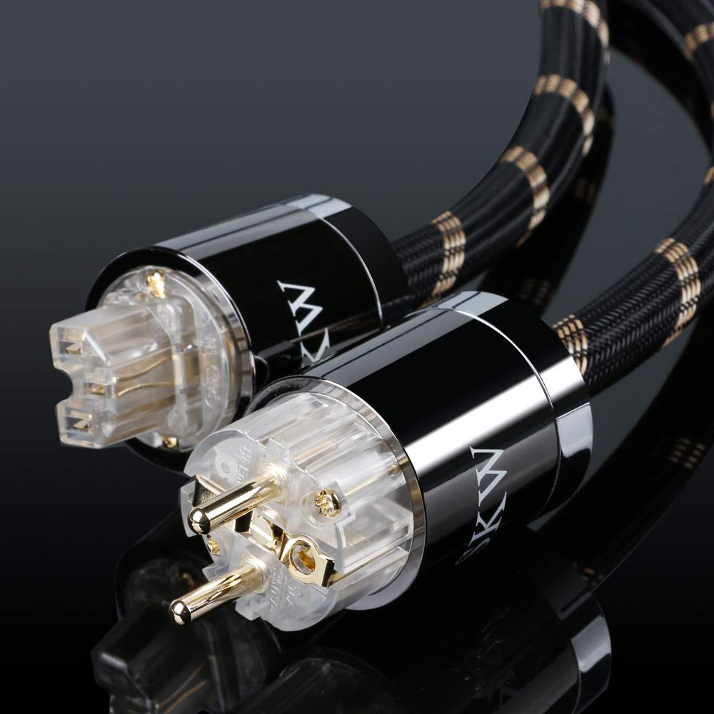 SKW Audiophile High End Netzkabel, Schuko-Stecker-auf-Buchse-Stromkabel, EU-Stecker für Subwoofer, Verstärker, DV/AV (Schwarz，2M)
