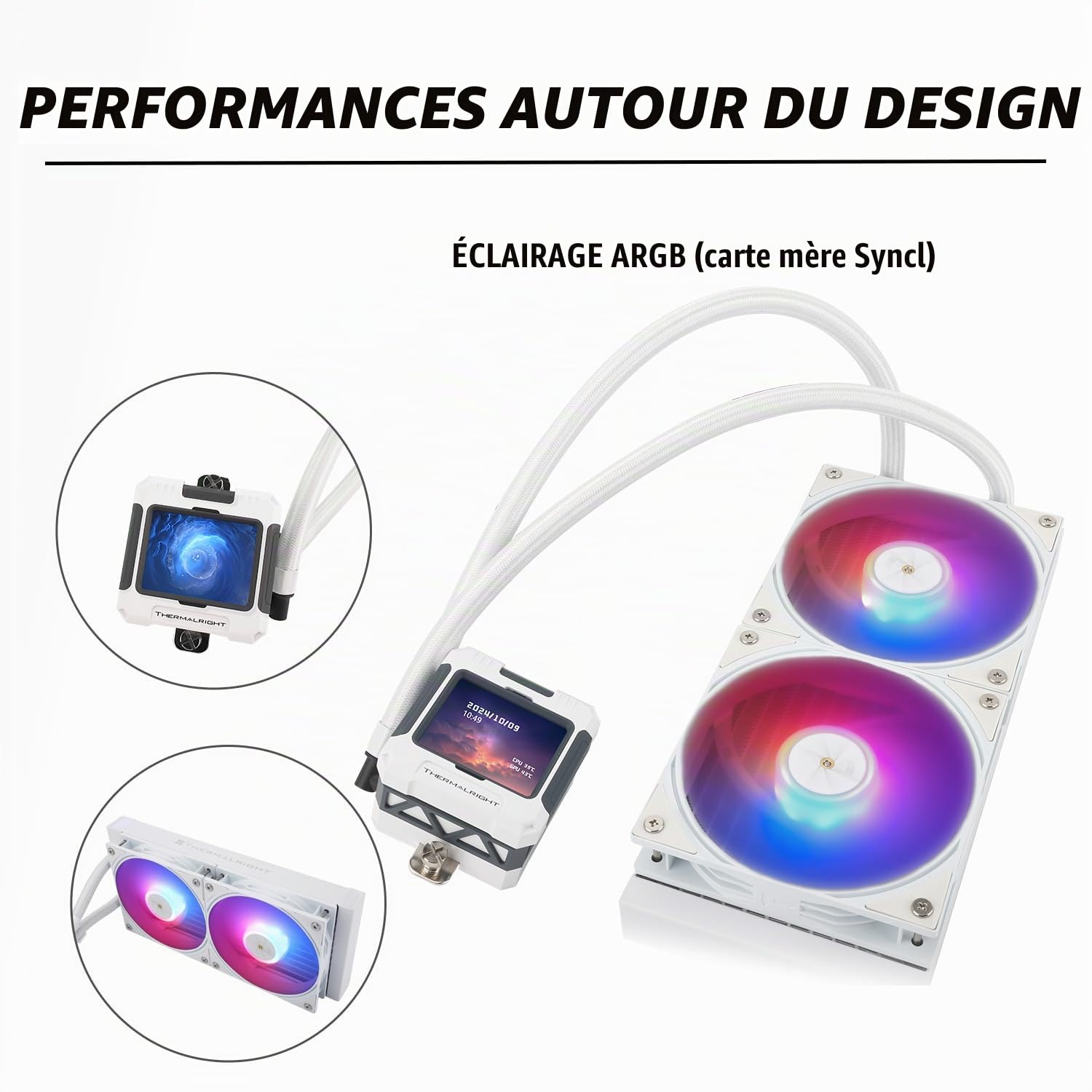 TR FW240 Blanc ARGB CPU Refroidisseur d’eau, Double PWM Ventilateurs Système de refroidissement par eau, Écran LCD IPS avec résolution 320 * 240, pour AMD / AM4 / AM5 & Intel LGA1700