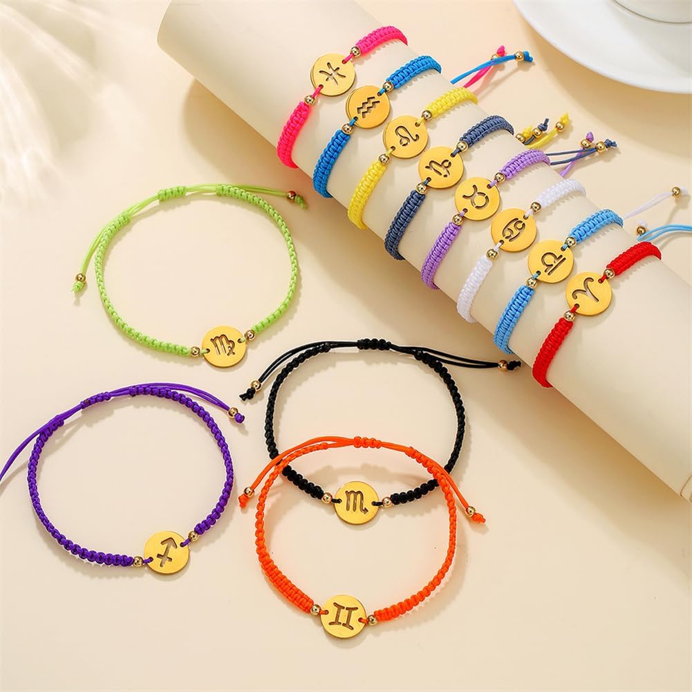 Men Women 12 Zodiac Round Disc Pendant Woven Bracelet image 2
