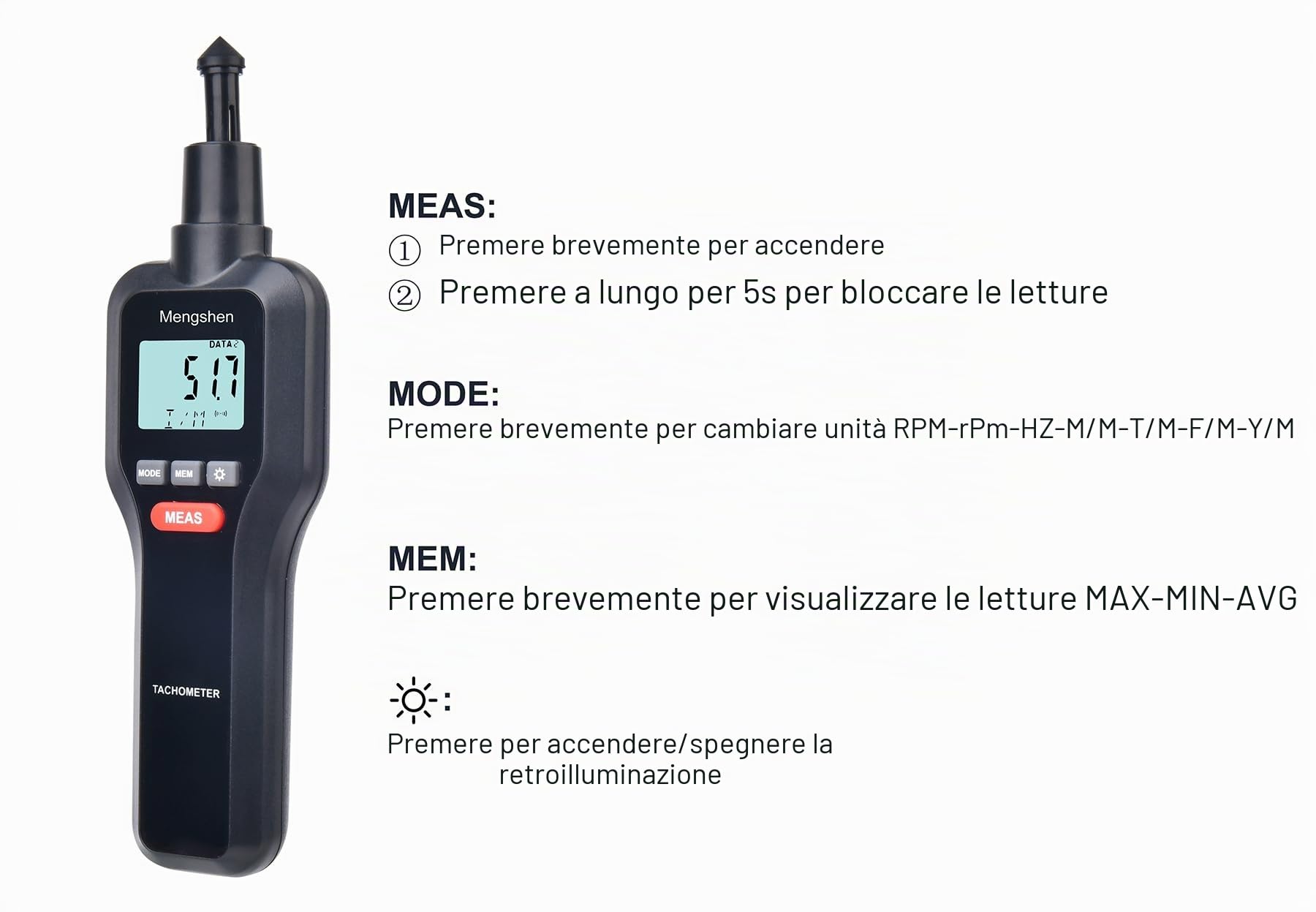 Mengshen TH522 Tachimetro Digitale, 2 in 1 Tester di rotazione del misuratore di velocità senza contatto e contatto