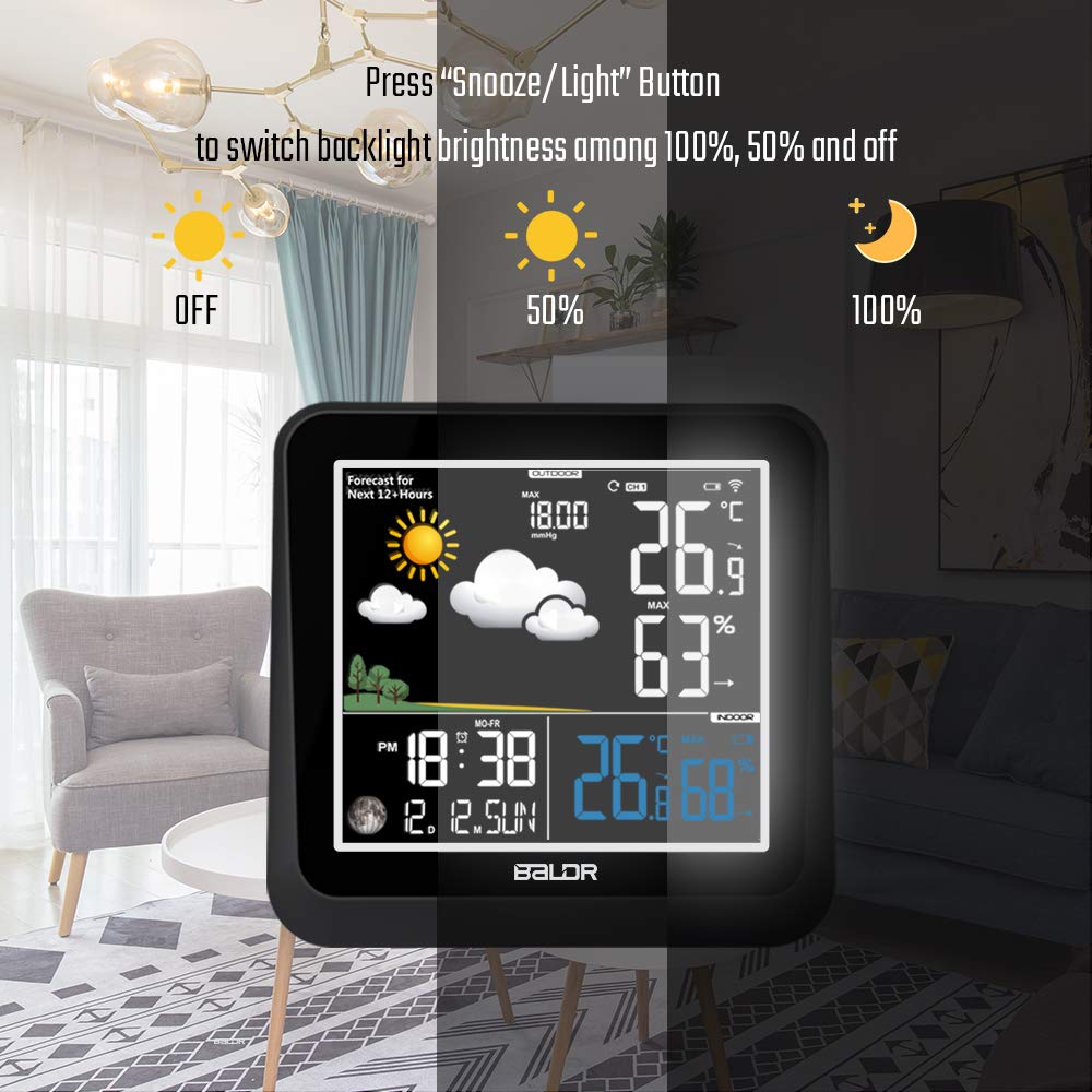 BALDR Funk-Wetterstation with Außensensor - 3 Kanäle - Digitales Thermometer Hygrometer für Innen und Außen -Feuchtigkeit Wettervorhersage - Datum, Uhrzeit - Mondphasen