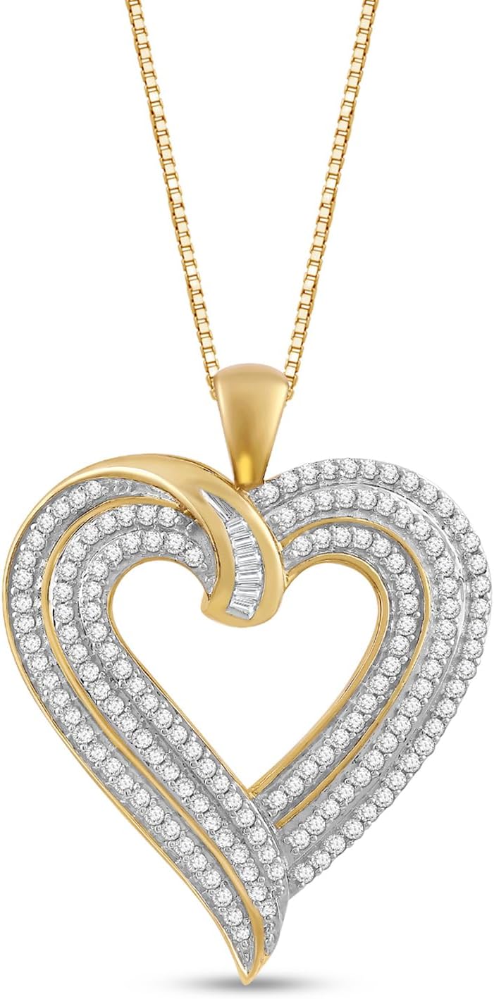 Jewelili Heart Necklace Pendant with Natural White Round and Baguette Diamonds 1/2 Cttw in 10K White or Yellow Gold 18" Box Chain