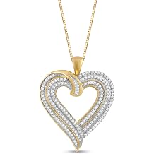 Jewelili 10K White/Yellow Gold Diamond Heart Pendant Necklace for Women | 1/2 CTTW Natural White Round & Baguette Diamonds | 18" Box Chain | Fine Jewelry | Gift Box for Birthdays Valentines Day