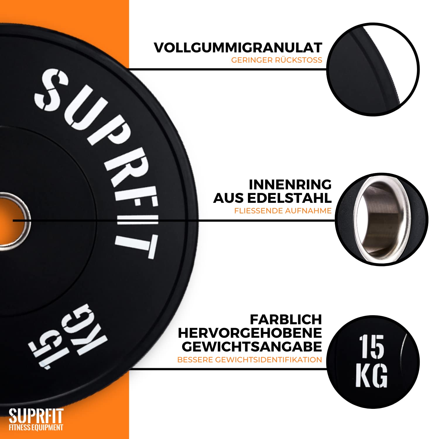 SUPRFIT Gummierte Fitness Bumper Plates 50 mm Gewichtsscheiben aus Vollgummigranulat - Gewicht: 5-25kg