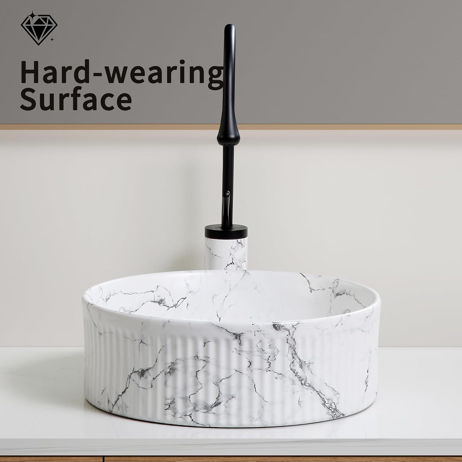 Round Vessel Sink with Faucet & Drain – Black White Marble Ceramic Above Counter Sink, Easy Install & Splash Resistant, Complete Vanity Set for Small Bathroom, RV, Guest Bath
