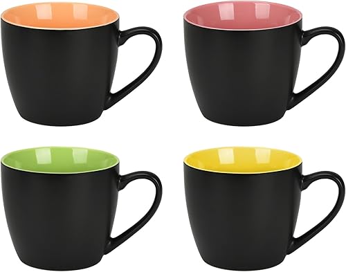 QUTREY Juego de 4 tazas de café de cerámica de 14.8 onzas, tazas de café grandes con asa para café con leche, té, cacao, leche, jugo, tazas blancas