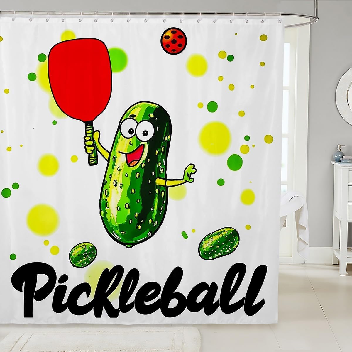 Erosebridal Pickle and Pickleball Shower Curtain Set,Funny Pickles Bathroom Decor Pickle Lover Gifts for Kids Women Men,Sports Bathroom Set Pickleball Paddle Fabric Shower Curtain 72" Wx84 L