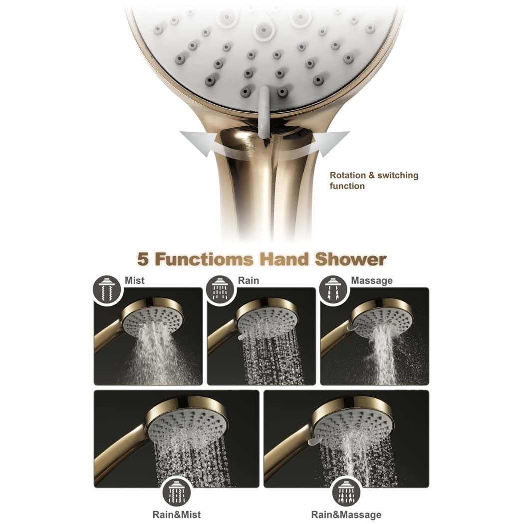 HMTE Soffione Doccia palmare Oro Spazzolato Soffione Doccia a 5 funzioni Soffione Doccia a Mano a Risparmio idrico Soffione Doccia a Pioggia Tondo in ABS con Uscita Acqua in Silicone