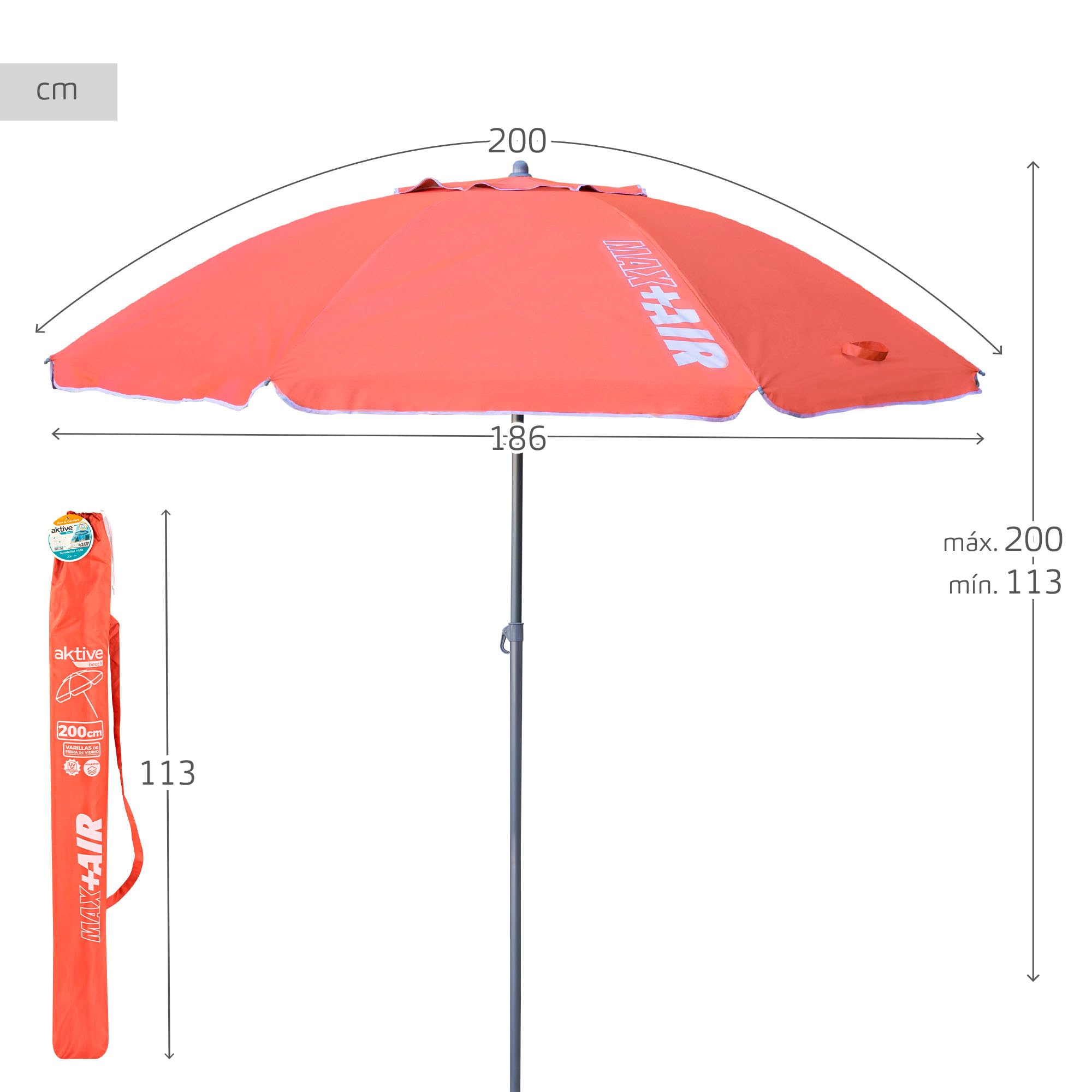 AKTIVE Koralowy składany parasol plażowy przeciwwiatrowy Ø200, ze srebrną powłoką i ochroną przed promieniowaniem UV 50, parasol plażowy, duży parasol przeciwsłoneczny, parasol plażowy (62244), koral,