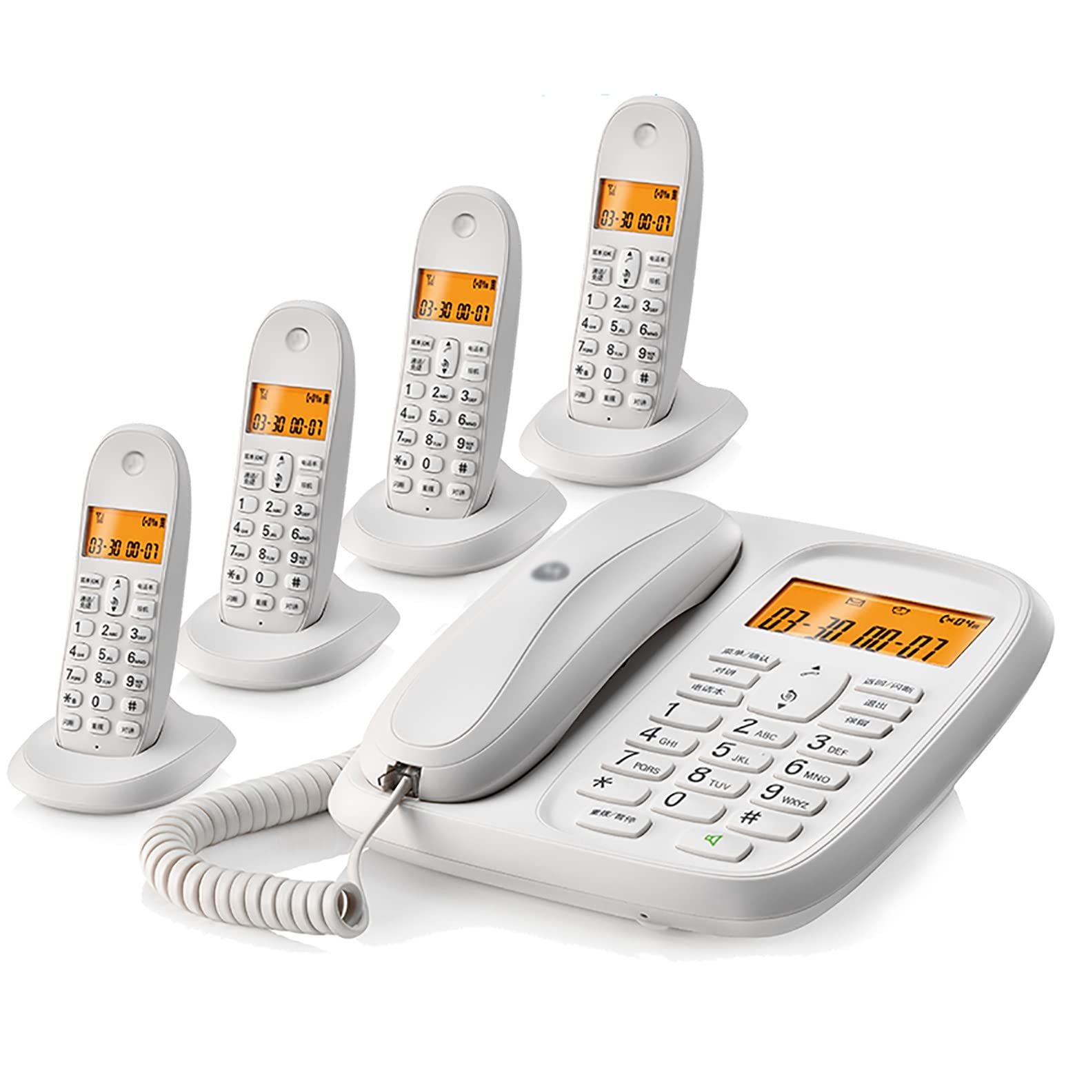 telefon bezprzewodowy + stacjonarny telefon stacjonarny, z blokadą połączeń irytujących, wyświetlacz z białym tłem, menu w języku angielskim, rozmowy w trybie głośnomówią(Biały 4)