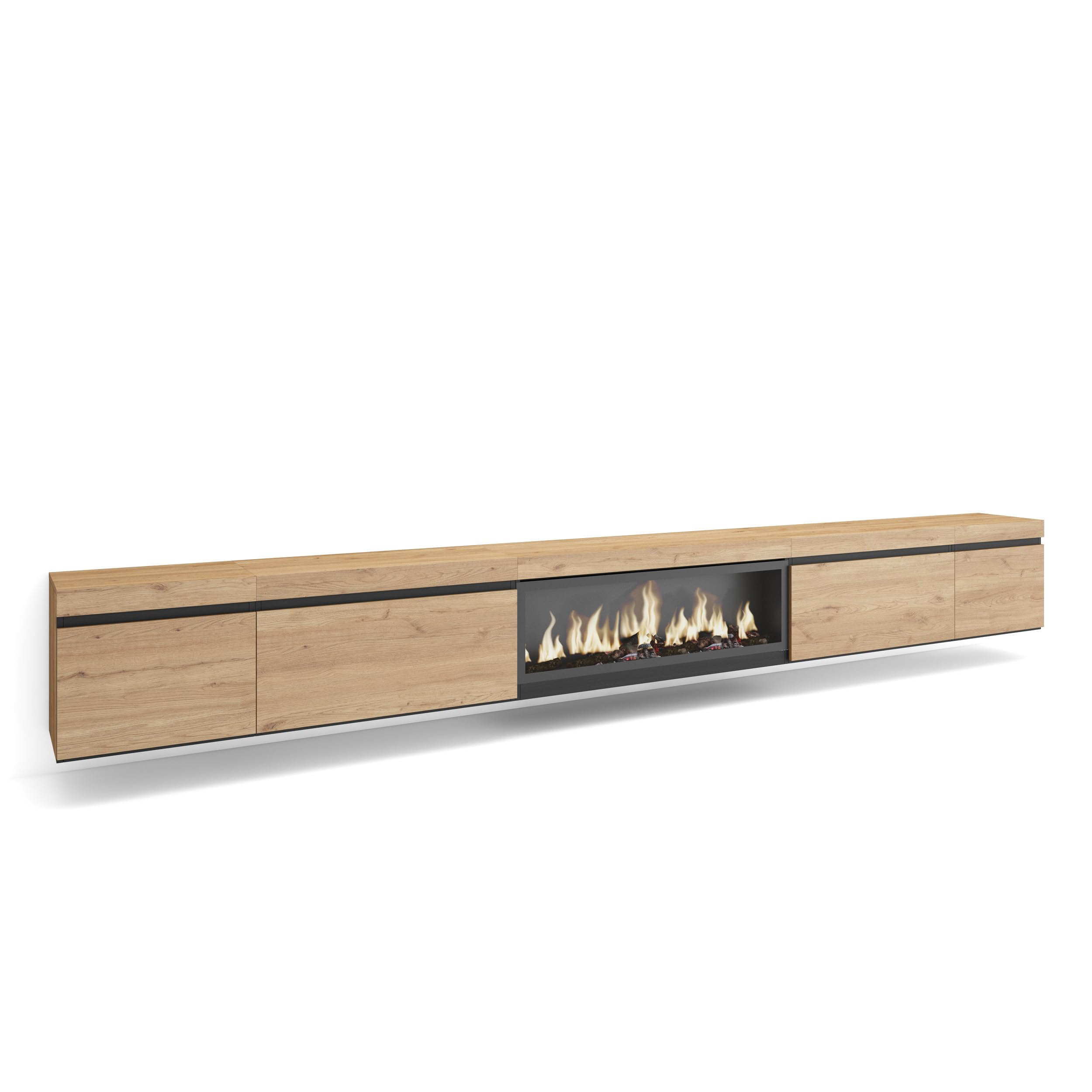 Skraut Home | Mueble TV | Televisión | Muebles de salón, almacenaje | 368x45x35 | Chimenea eléctrica XXL | Colgado, Suspendido | Estilo Moderno | Roble