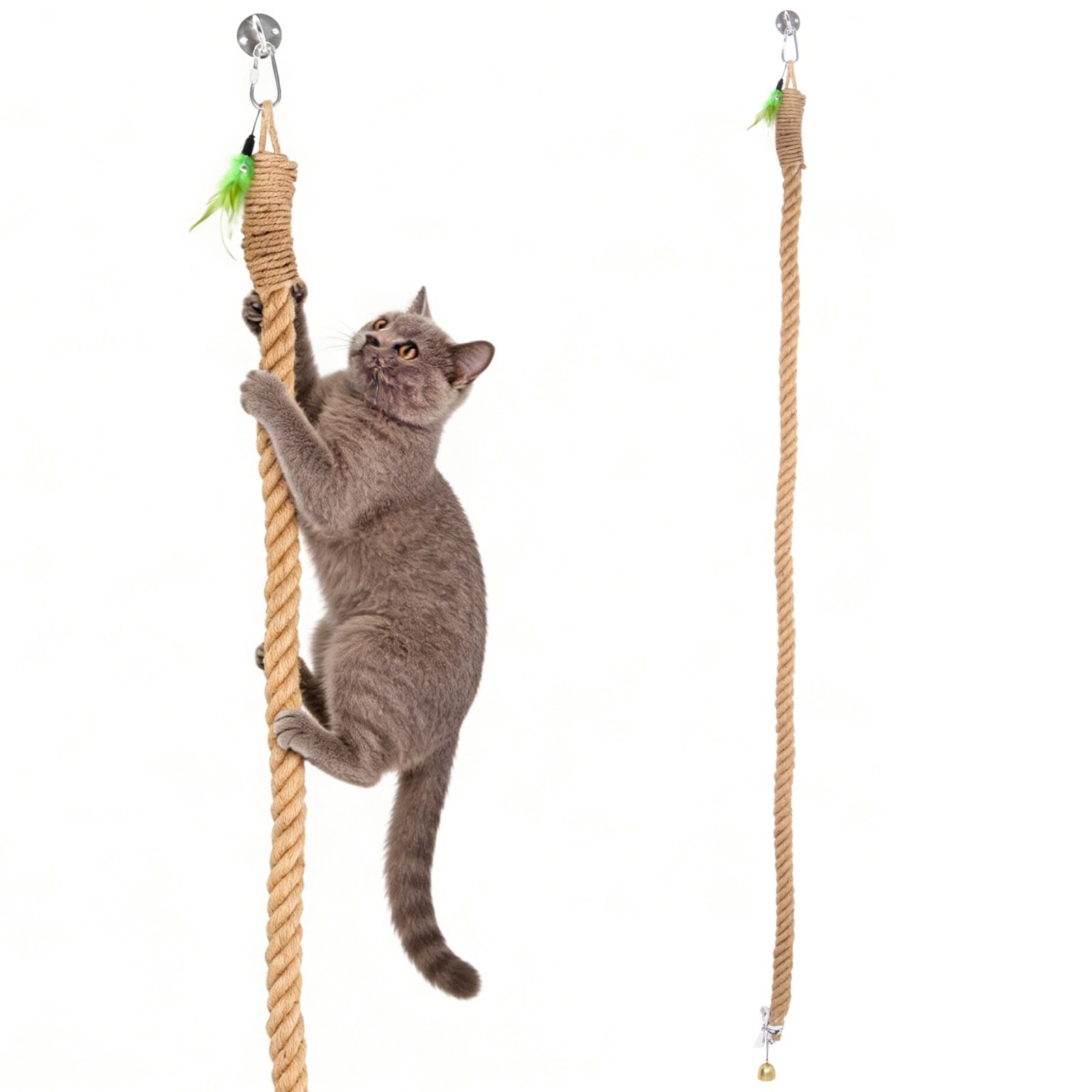 Corda da arrampicata per gatti da 2 m con campana dorata e piuma teaser, corda da gioco in canapa naturale per gatti, corda da soffitto con gancio a scatto, per uso interno ed esterno