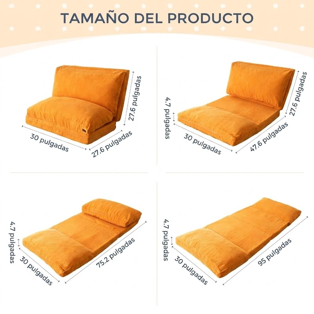 MAXYOYO Puf plegable de pana con relleno de espuma extragrueso de 4 pliegues para adultos, incluye funda extraíble y lavable a máquina para sala de estar, naranja, 75 x 240 cm