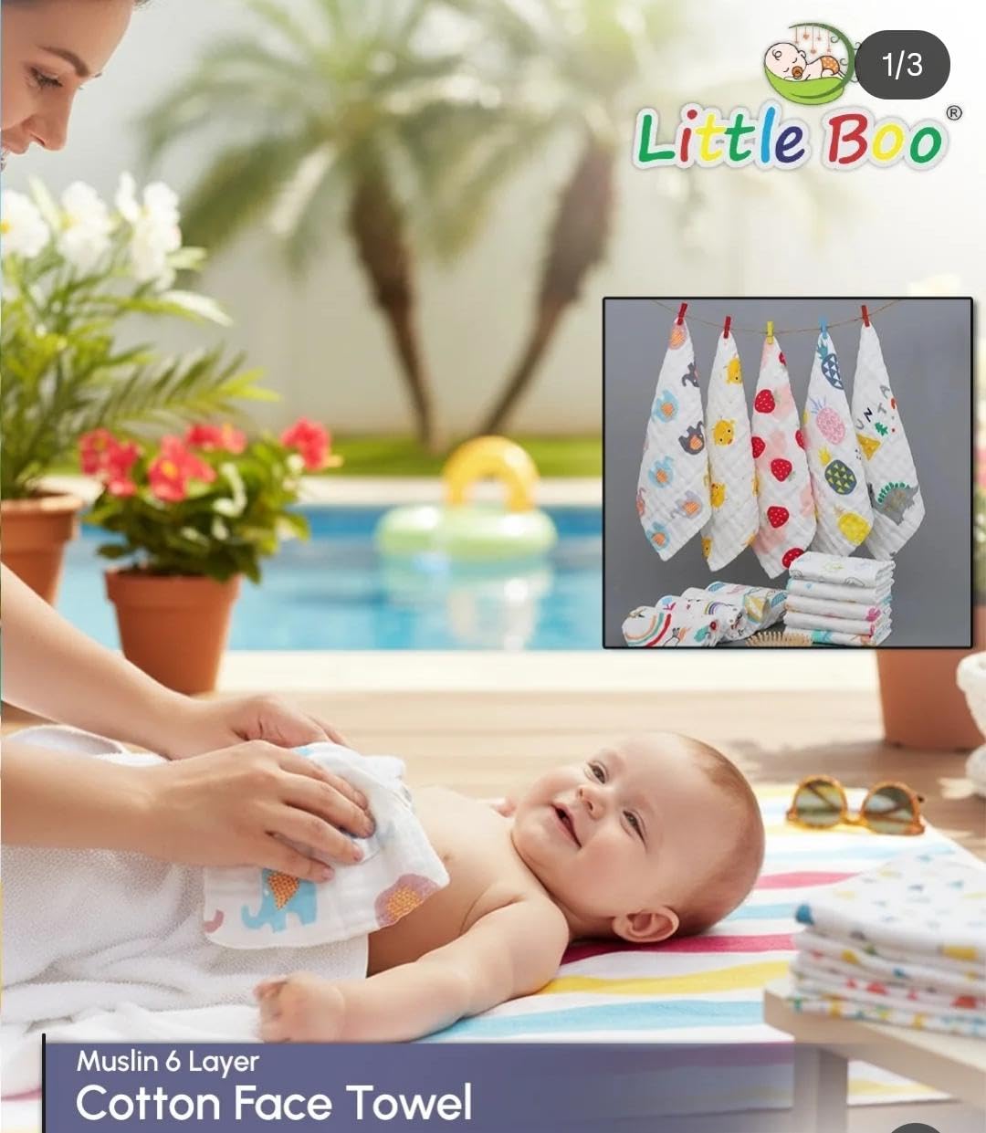 Little Boo Muslin 6 Layer Cotton Face Towels for Newborn Baby Extra Soft Hankies Reusable Napkins for Infants Toddlers/Kids (Pack of 5) White Printed. 3