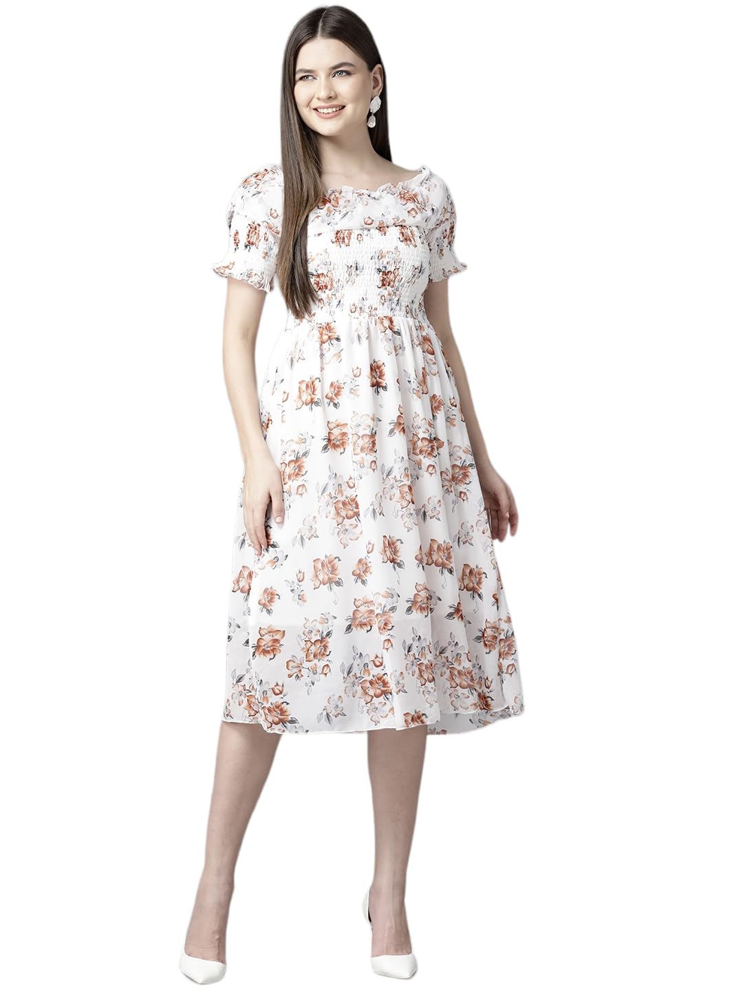 Aarika Womens White-Blue Colour Georgette Floral Print Middi