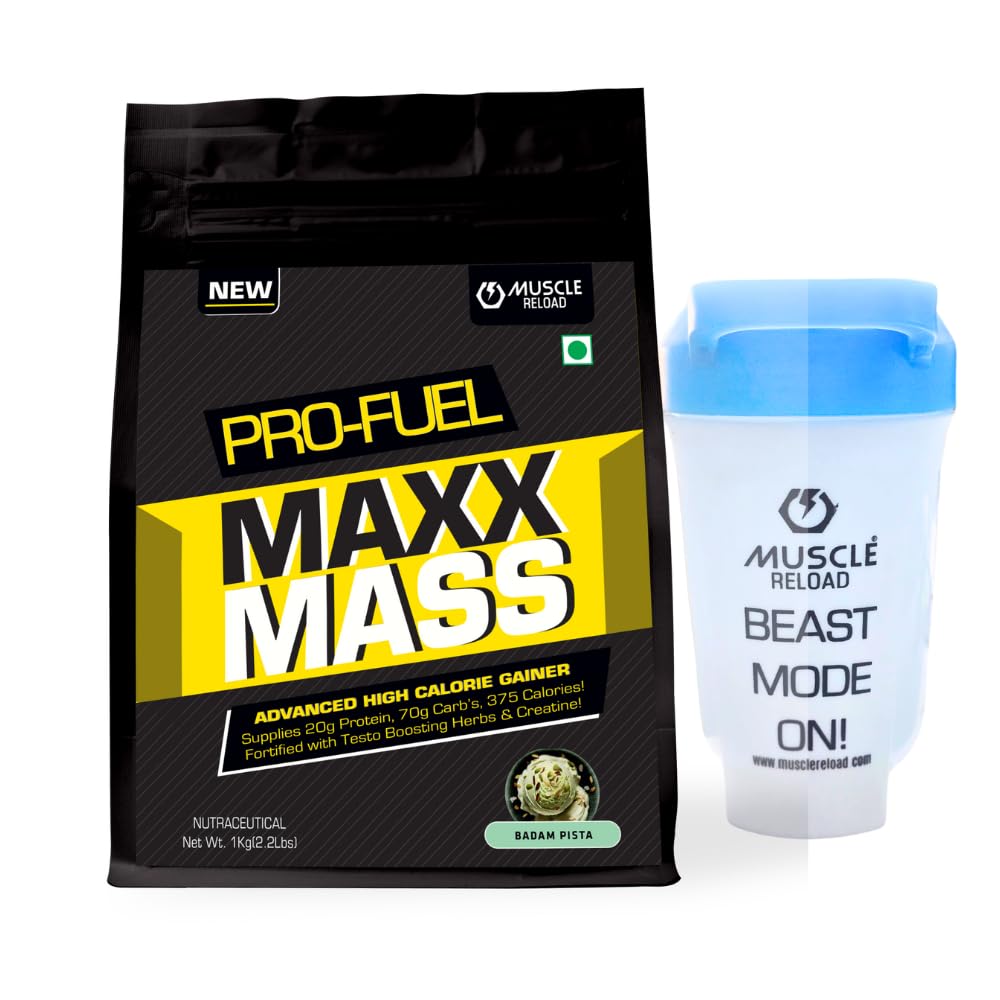 Muscle Reload 'Pro Fuel - Maxx Mass' Gainer with Essential Multi Vitamins, Minerals and Creatine, 20g Protein, 70g Carbs and 375 Calories (1kg / 2.2lbs) (Badam Pista) With free Shaker