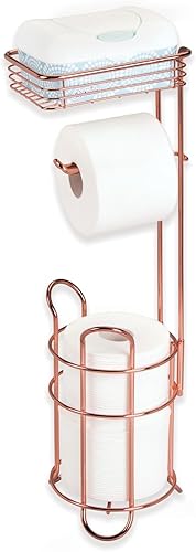 Miniatura 5 de mDesign Soporte y dispensador de papel higiénico de metal de acero con estante de almacenamiento, papel higiénico para baños, baño, capacidad para 2