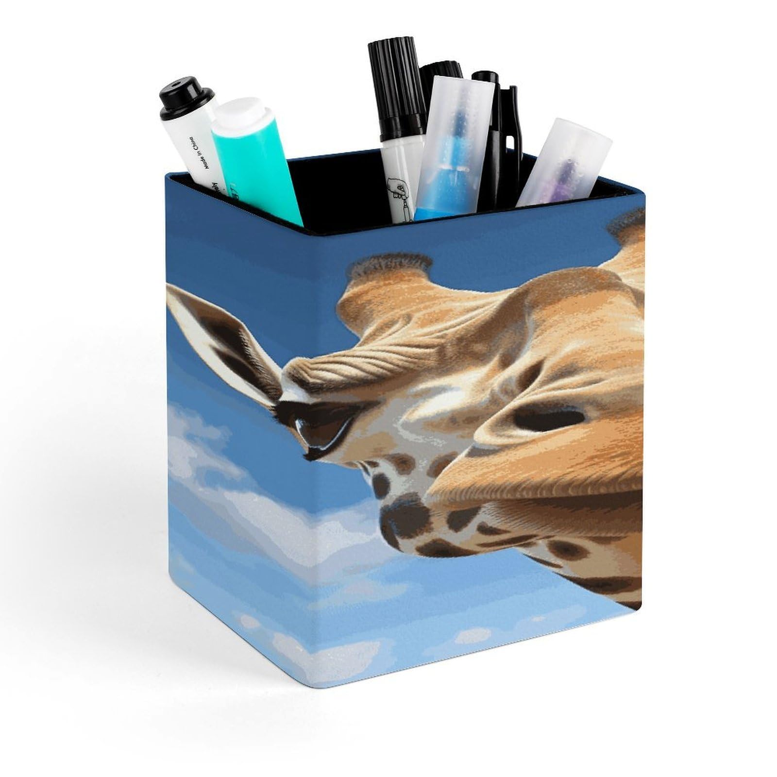 JTREHY Funny Giraffe Pen Holder Square Pen Pencil Holder Makeup Brush Holders Cup PU Leather Pencil Cups Desktop Caddy Stationery Organizer Case Office Accessories Container Box