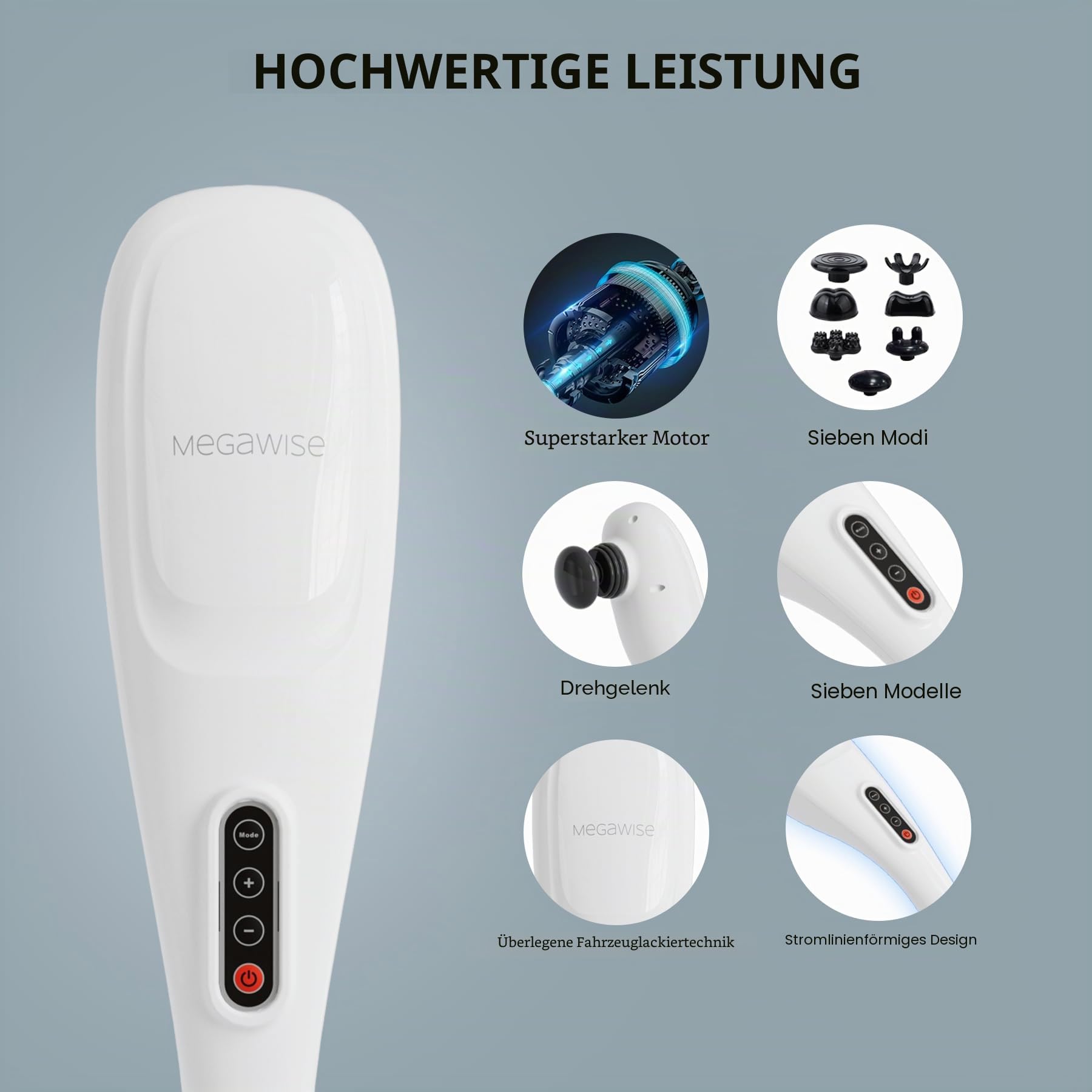 MEGAWISE Massagegerät, 5 Modi, 7 Massageköpfe, Hochfrequenzvibration. Kabelloses Handgerät Mit Langer Akkulaufzeit. Geeignet Für Schultern, Nacken und Andere Körperbereiche. Weiß, Ideal Als Geschenk