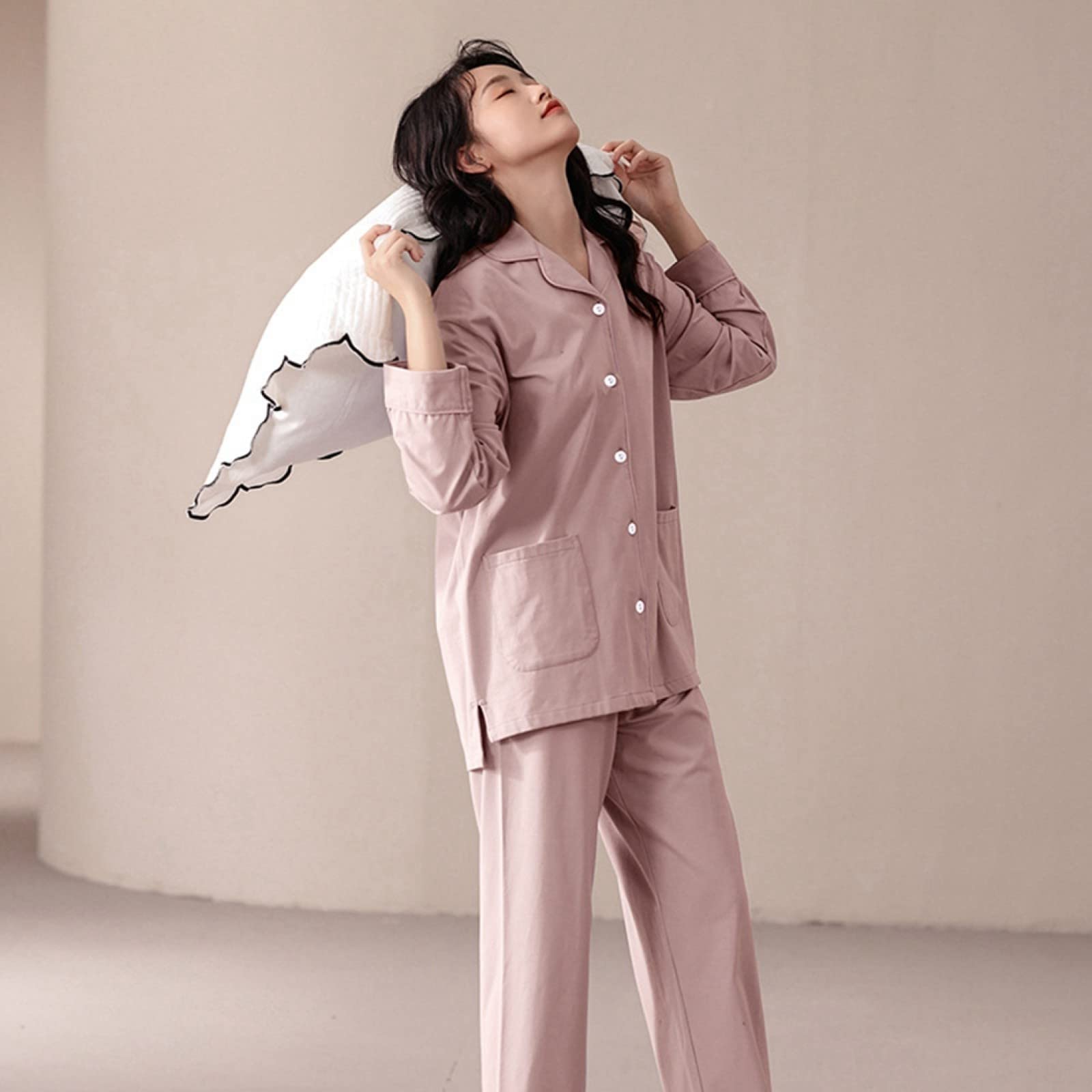 Pijama de Franela de Invierno y otoño para Mujer y Hombre, Conjunto de 2 Piezas de algodón y otoño, con Mangas largas y pantalón de Solapa Fina, Color Rosa, Ideal para el hogar y p