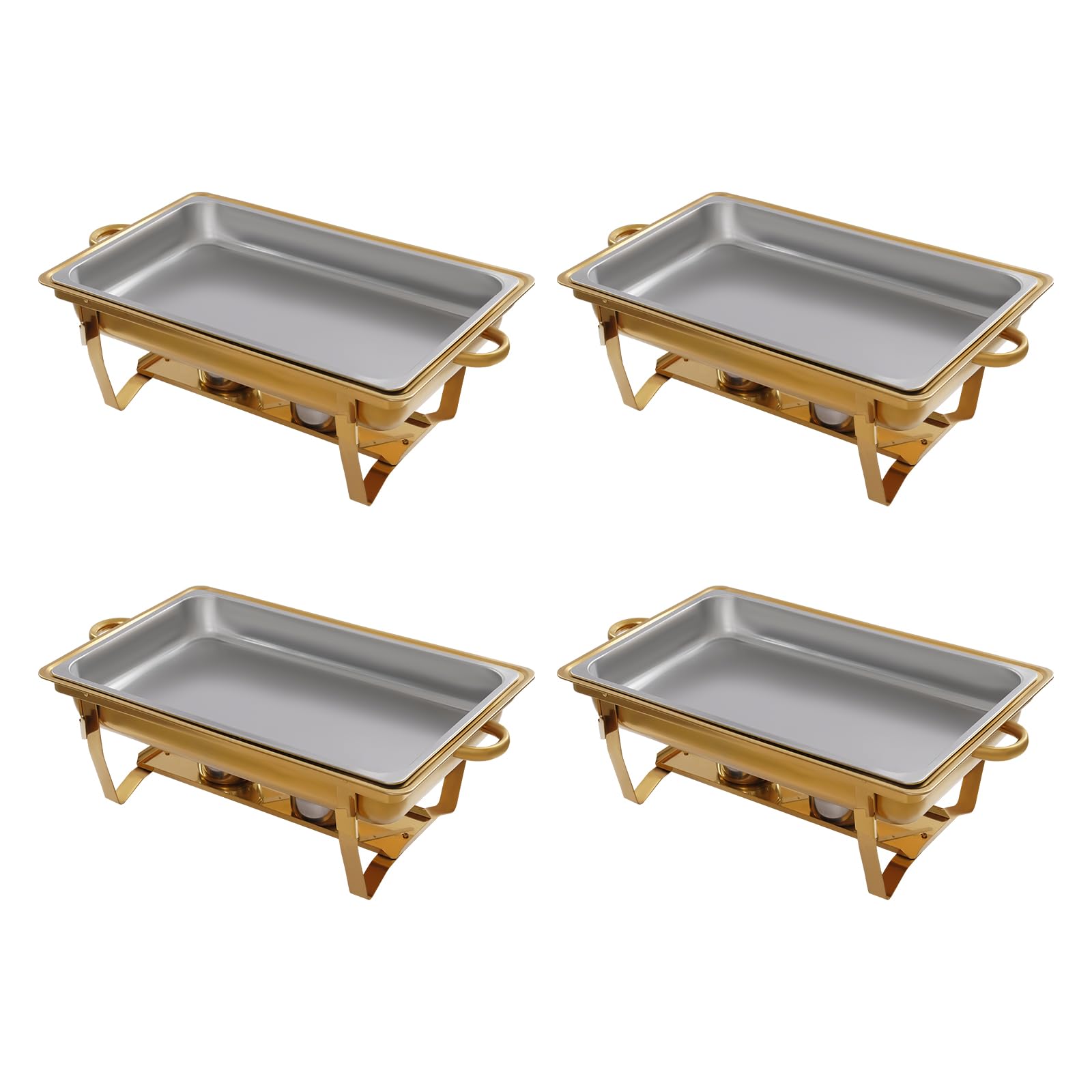 Zestaw 4 pojemników do podgrzewania Chafing Dish Golden – 7,5 l, ze stali nierdzewnej, profesjonalny zestaw wraz z 4 szczypcami do serwowania – do cateringu, bufetu, na imprezę (stal