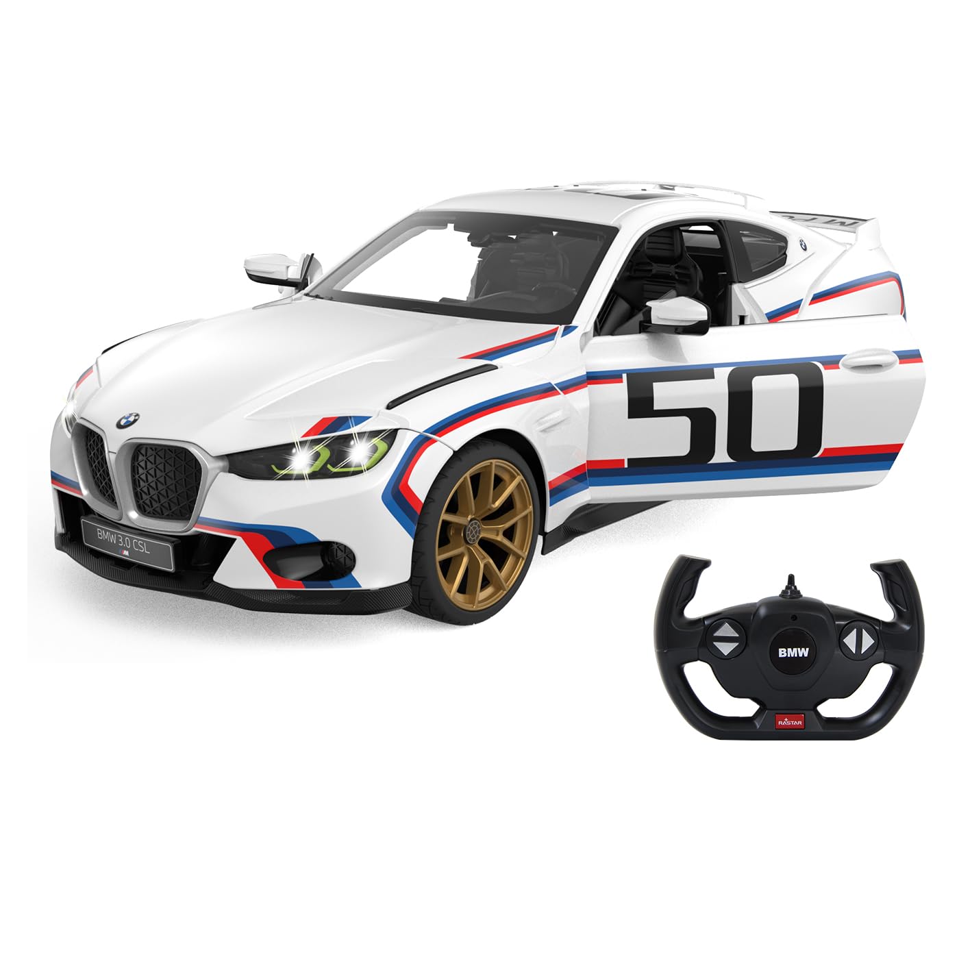 JAMARA BMW 3.0 CSL 1:14 Drzwi ręczne białe 2,4 GHz - oficjalna licencja, szczegółowe wnętrze, oryginalna farba, przezroczysta szyba, światło LED, samochód RC