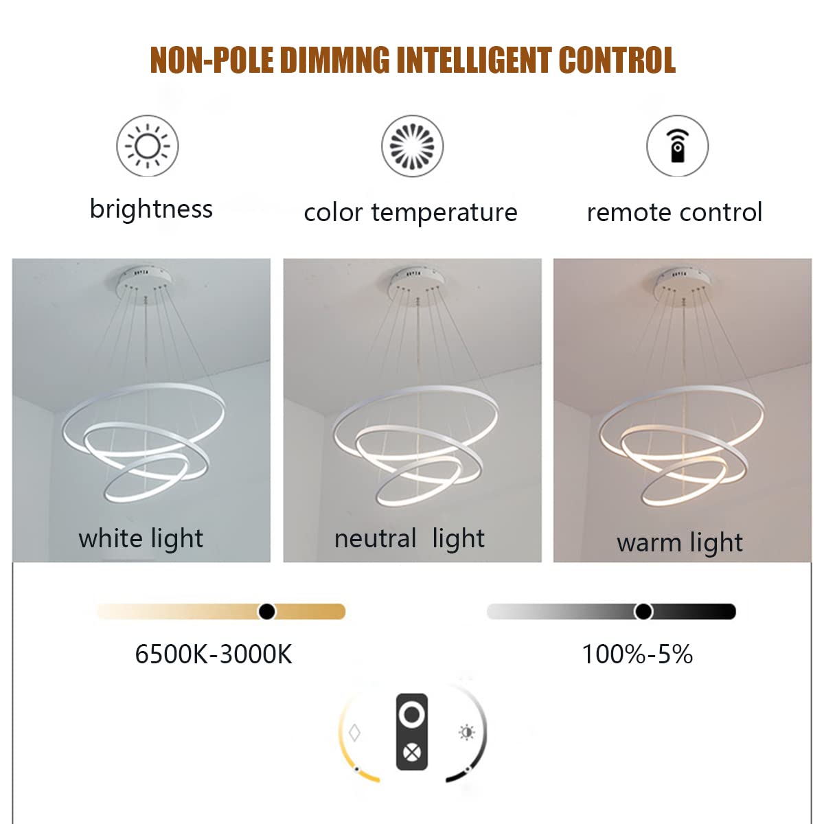Okrągły żyrandol LED z trzema pierścieniami, nowoczesny design, lampa wisząca do stołu jadalnego lub salonu, możliwość ściemniania za pomocą pilota, oświetlenie dekoracyjne (kolor: Brązowy, Gwiazda S