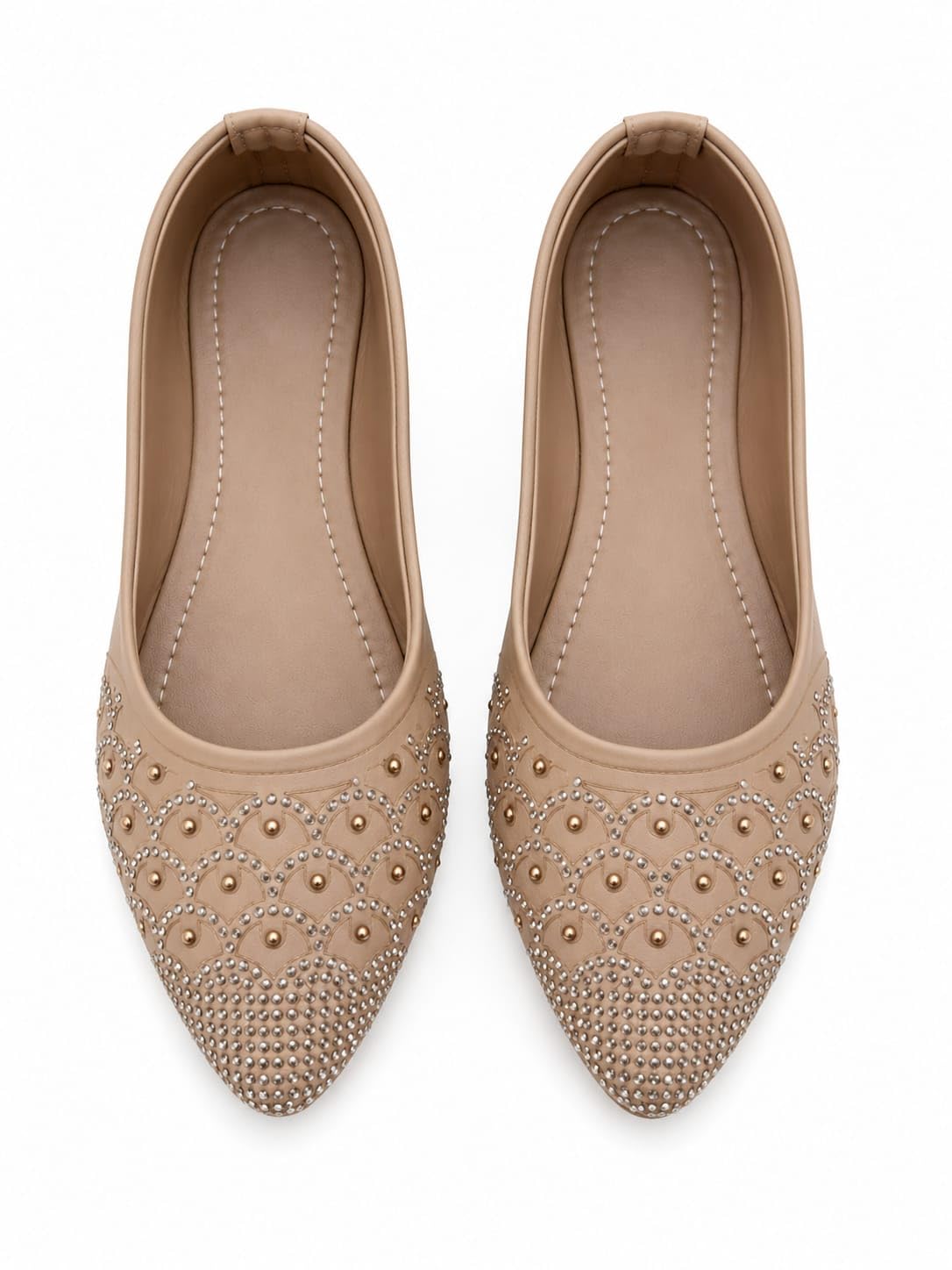 Women's Embellished Pointed Toe Ballet Flats in Beige-image-10
