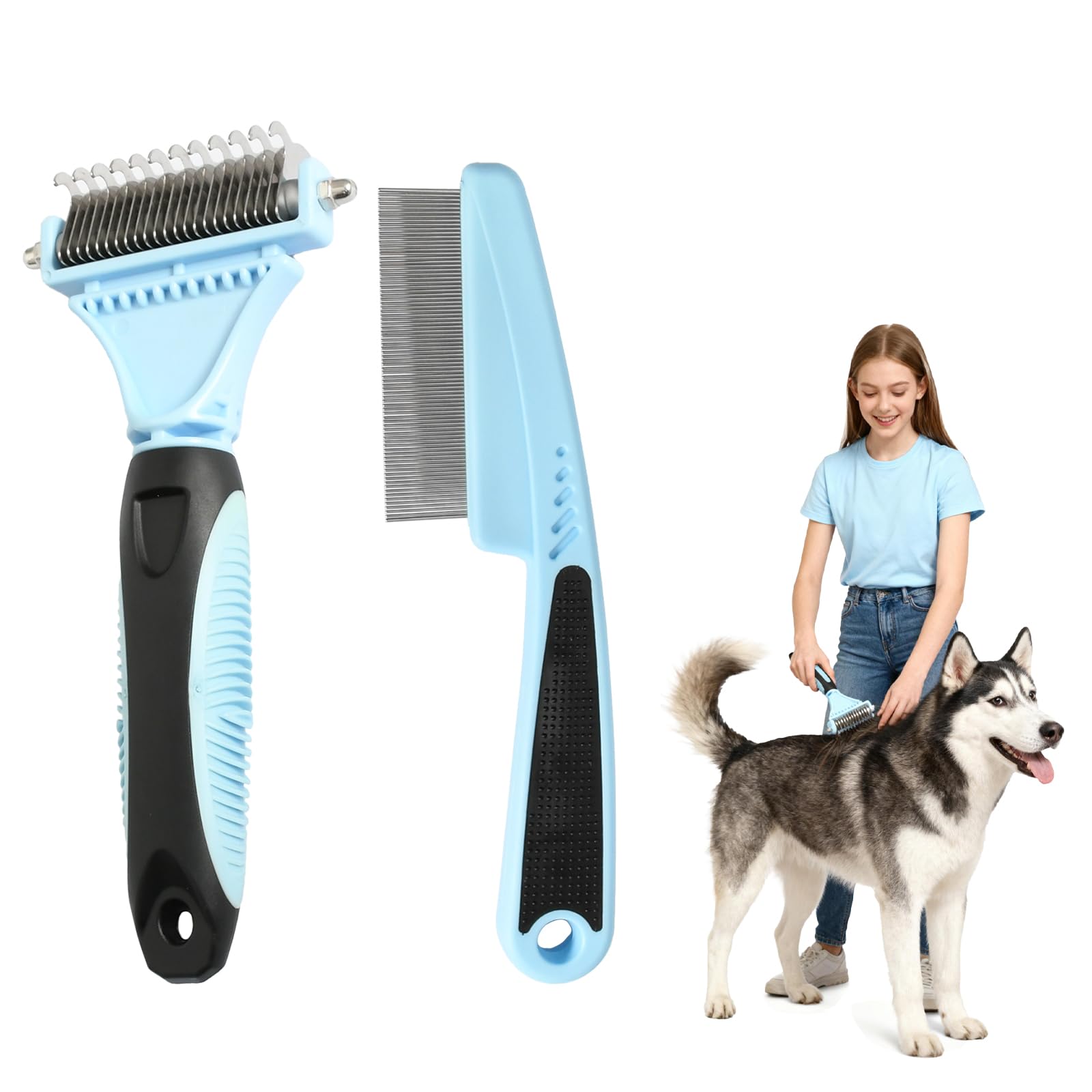 Pet Hair Brush Set with Detangling Comb and Flea Comb, Stainless Steel Teeth Plastic Handle for Long and Short Haired Cats Dogs