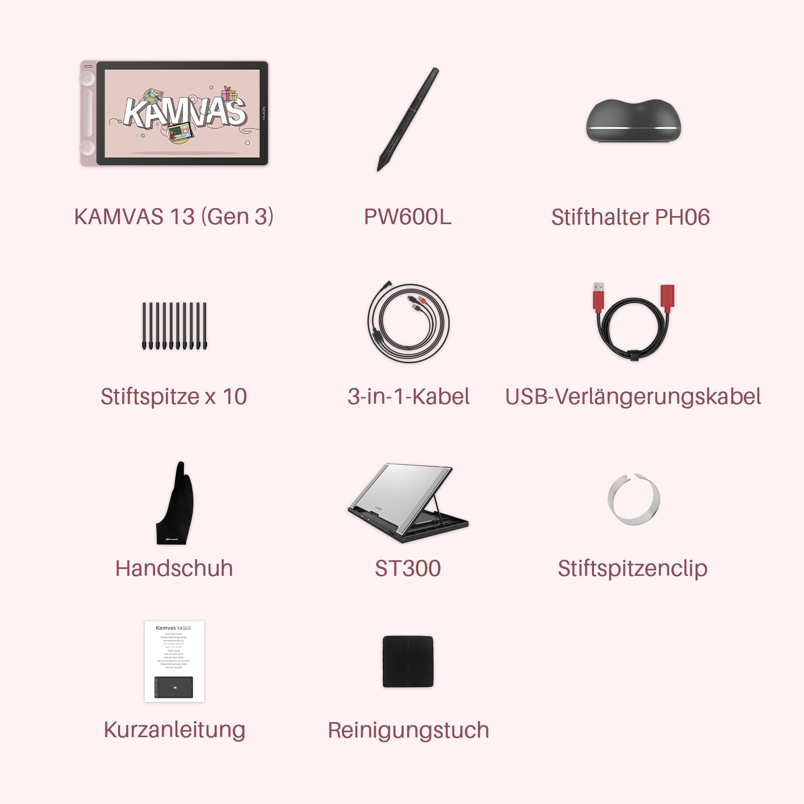 HUION Kamvas 13 Gen 3 Grafiktablett mit Display, Entspiegeltes Geätztes Glas, PenTech 4.0, 16384 Stiftdruck, Verstellbarer Ständer, 13,3 Zoll Dual Dial Zeichentablett für Designer, Künstler, Rosa