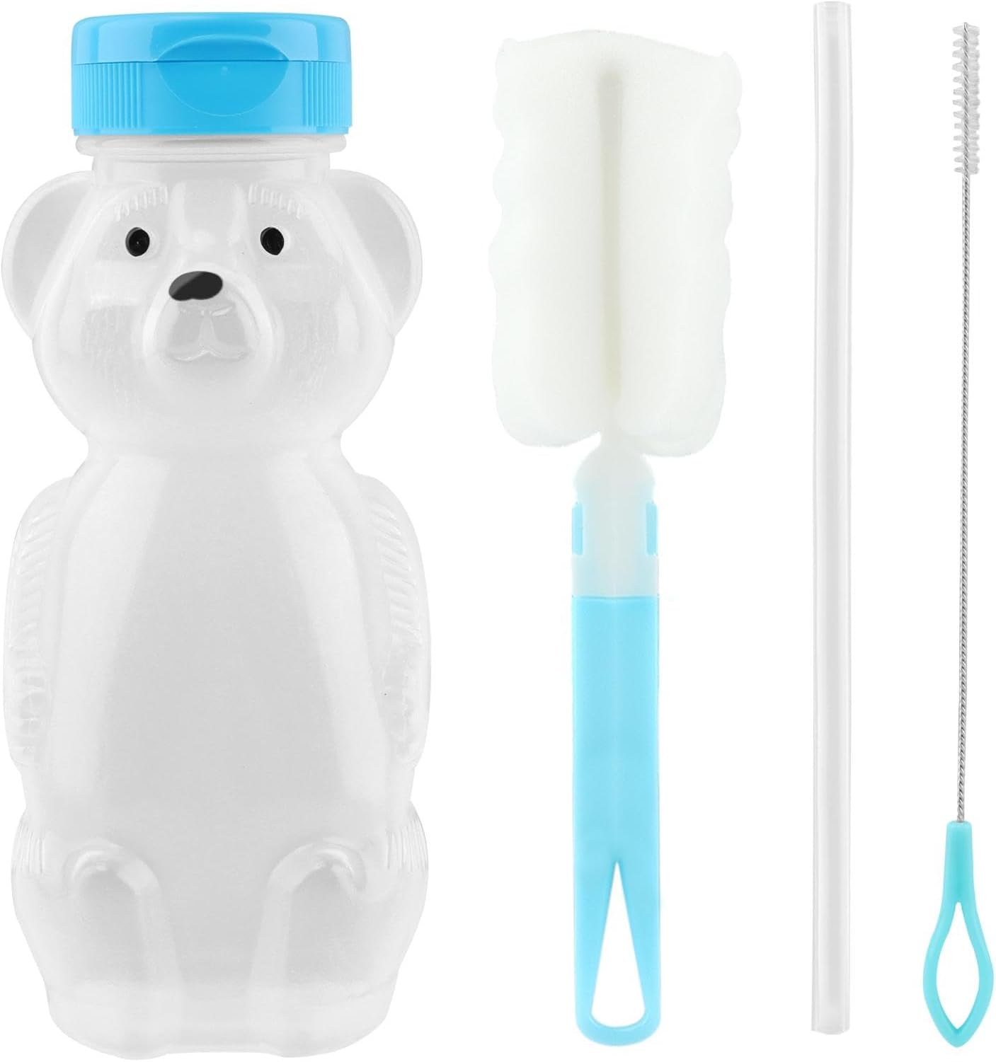 4pcs/set 8oz Bear Straw Cup,Bear Sippy Cup with Straw,Home Dishwasher Safe Leakproof Honeybear Cups with Stopper(Clear)