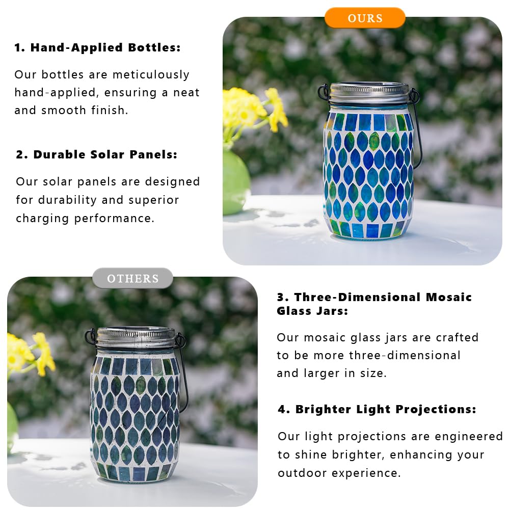 Starsoul Paquete de 4 faroles colgantes solares de mosaico para exteriores, impermeables, de cristal multiazul, luces solares de jardín, farol de mosaico al aire libre para exteriores, camino, patio