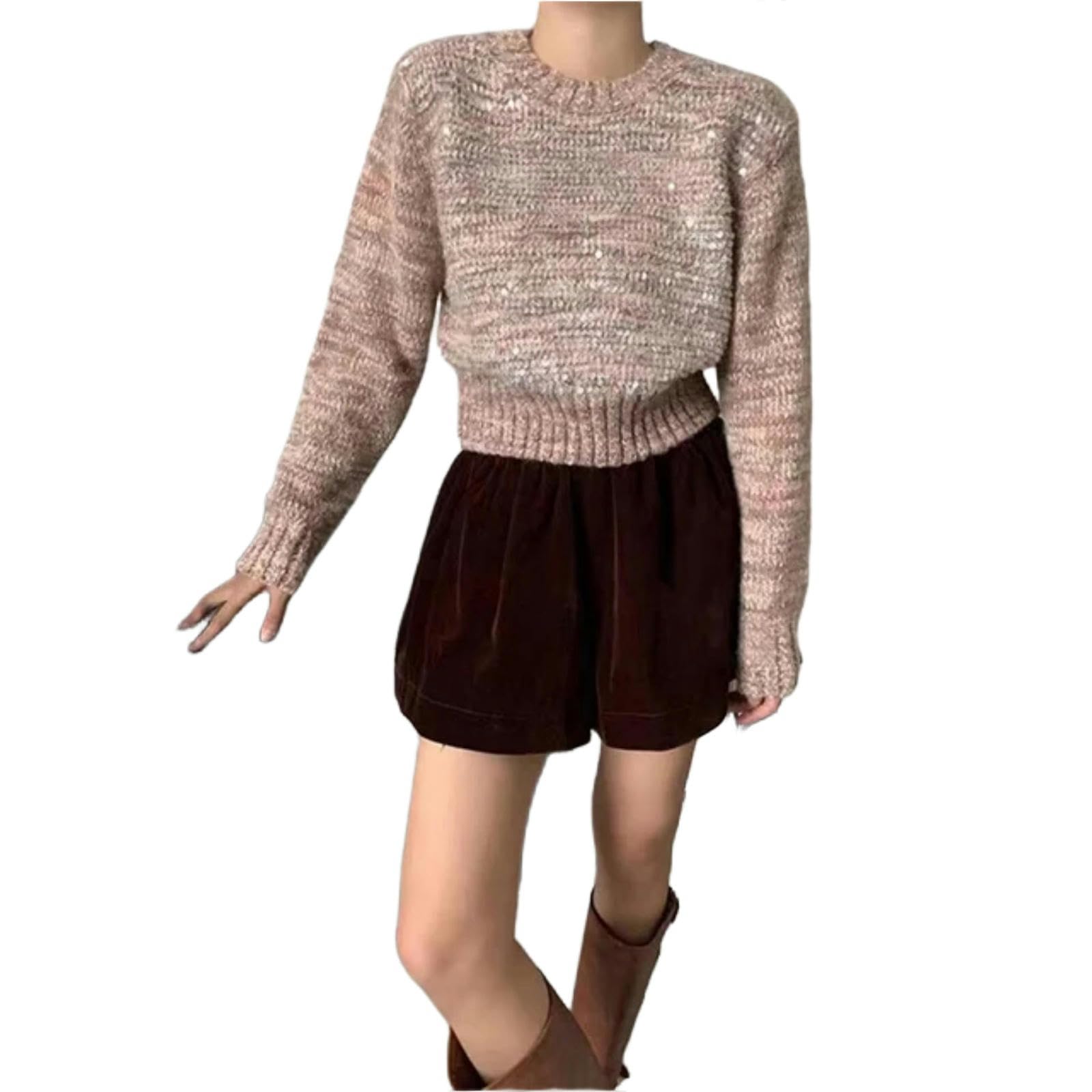 MdybF Damski sweter cekinowy sweter damski na jesień i zimę moda z długim rękawem okrągły dekolt sweter na co dzień dzianinowy sweter retro