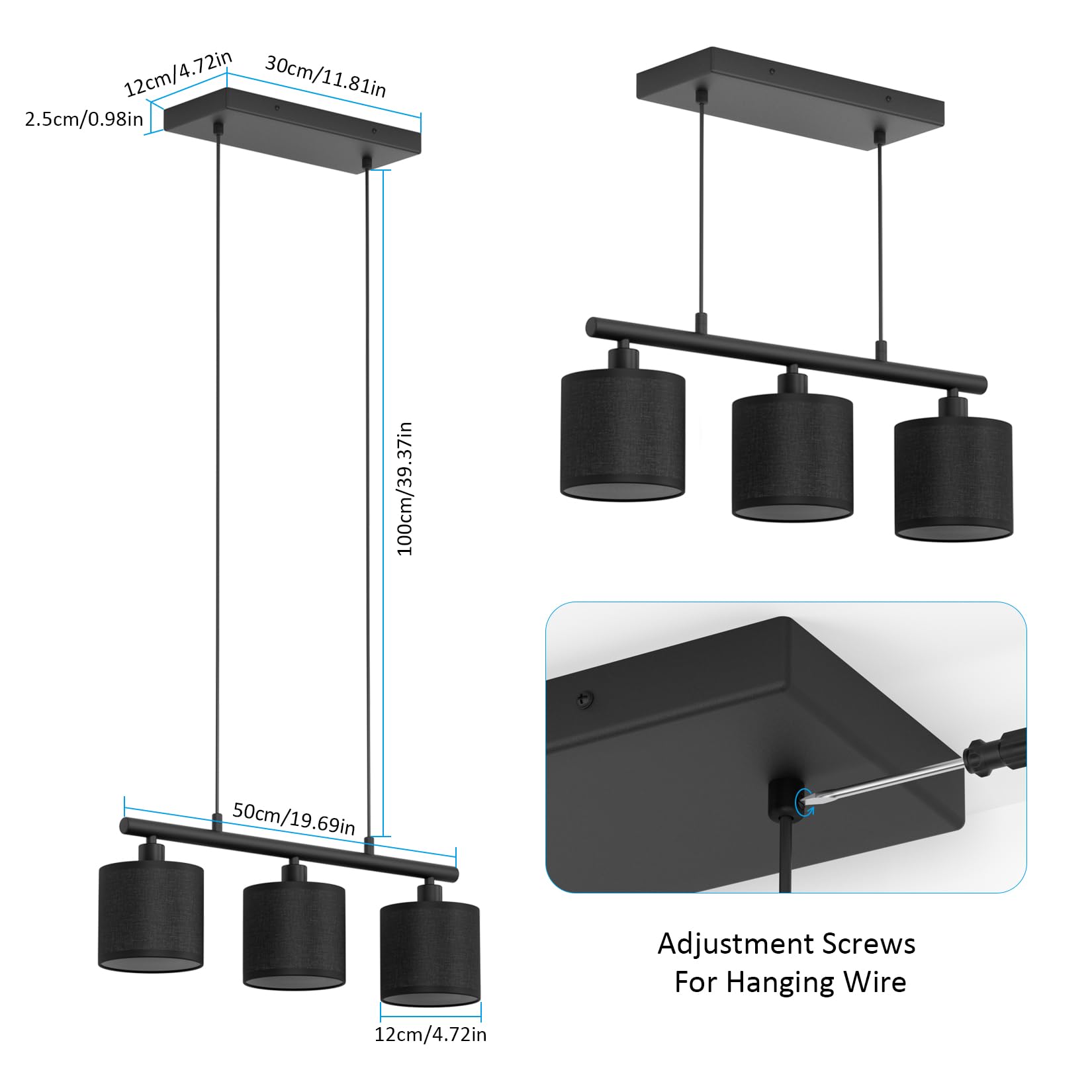 Klighten Lampada a Sospensione 3 Luci E14, Nero, Lampadina non Inclusa | Cilindro Paralume Tessuto, Altezza Regolabile, Lampadario a Sospensione Moderno per Soggiorno Cucina Tavolo da Pranzo
